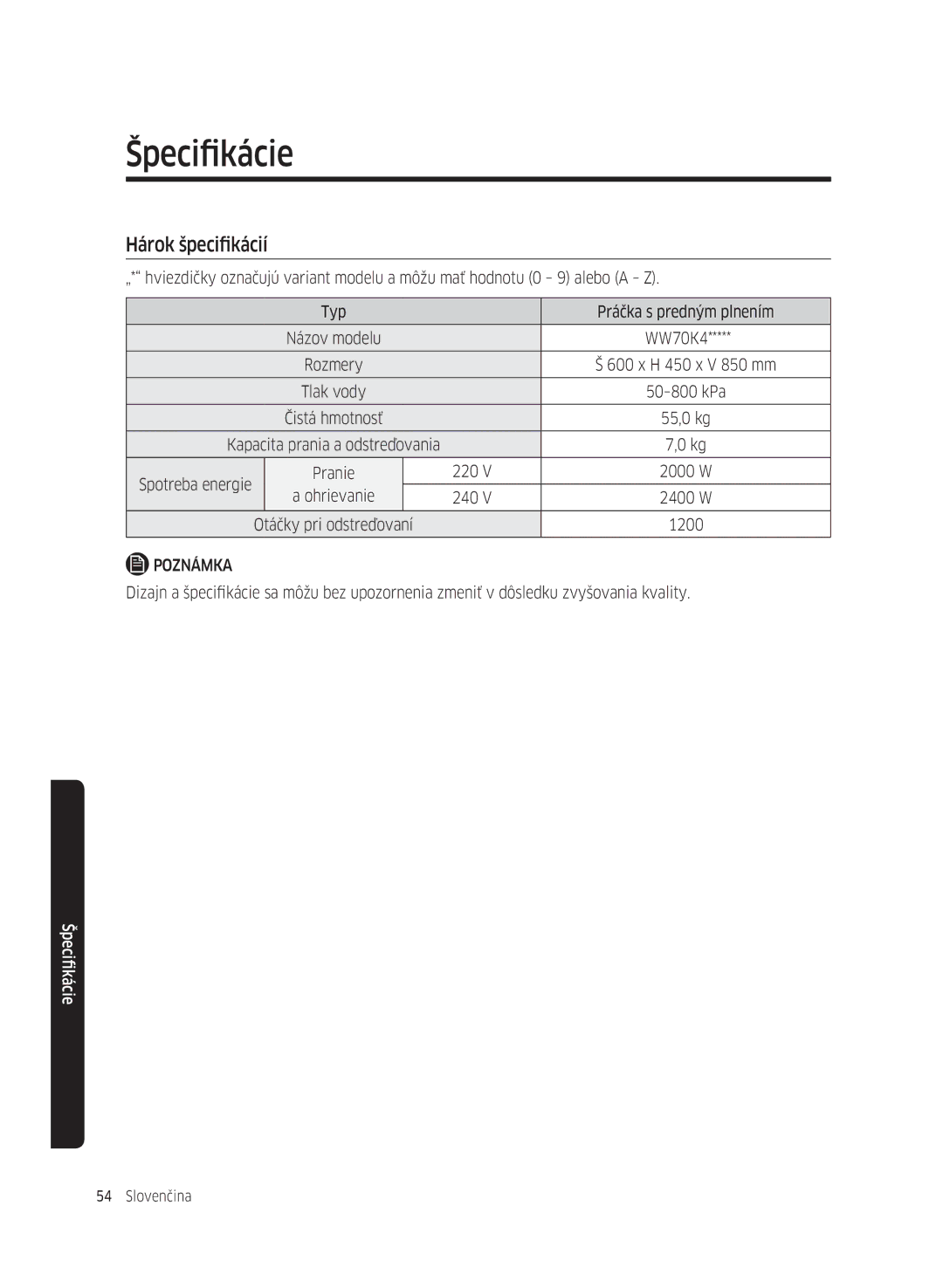 Samsung WW70K42106W/ZE, WW70K42101W/ZE manual Hárok špecifikácií 