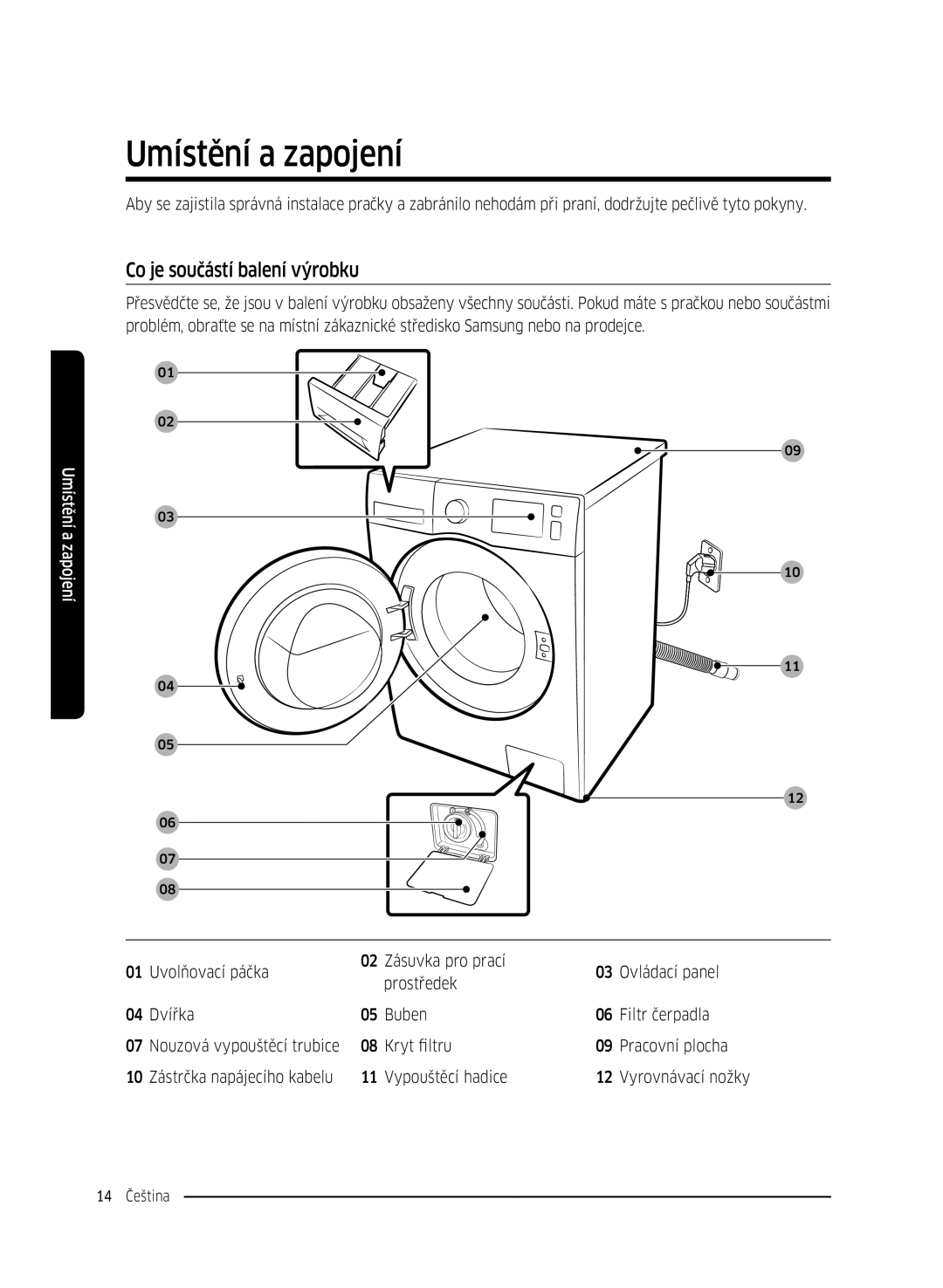 Samsung WW70K42106W/ZE, WW70K42101W/ZE manual Umístění a zapojení, Co je součástí balení výrobku 