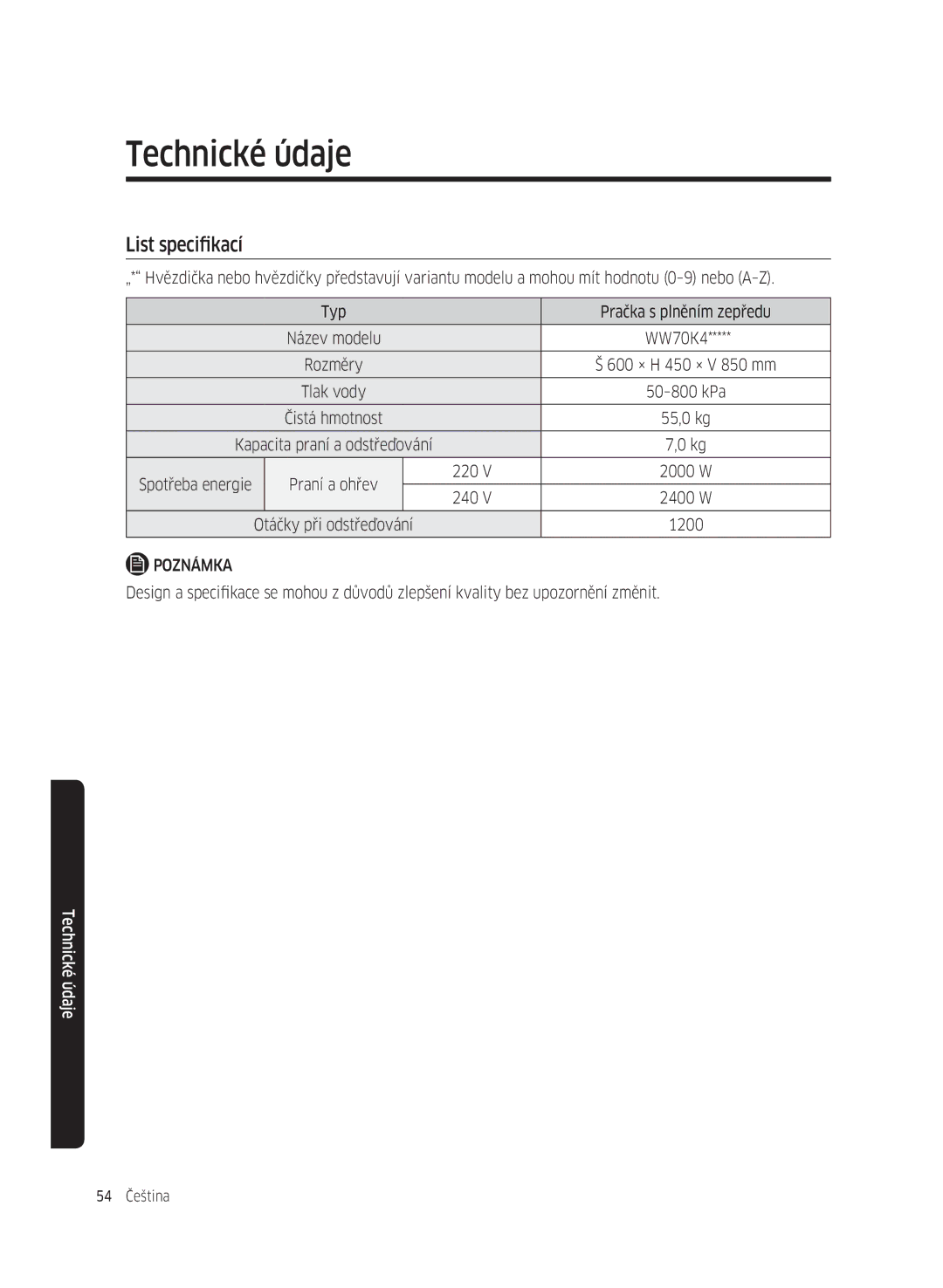 Samsung WW70K42106W/ZE, WW70K42101W/ZE manual List specifikací 