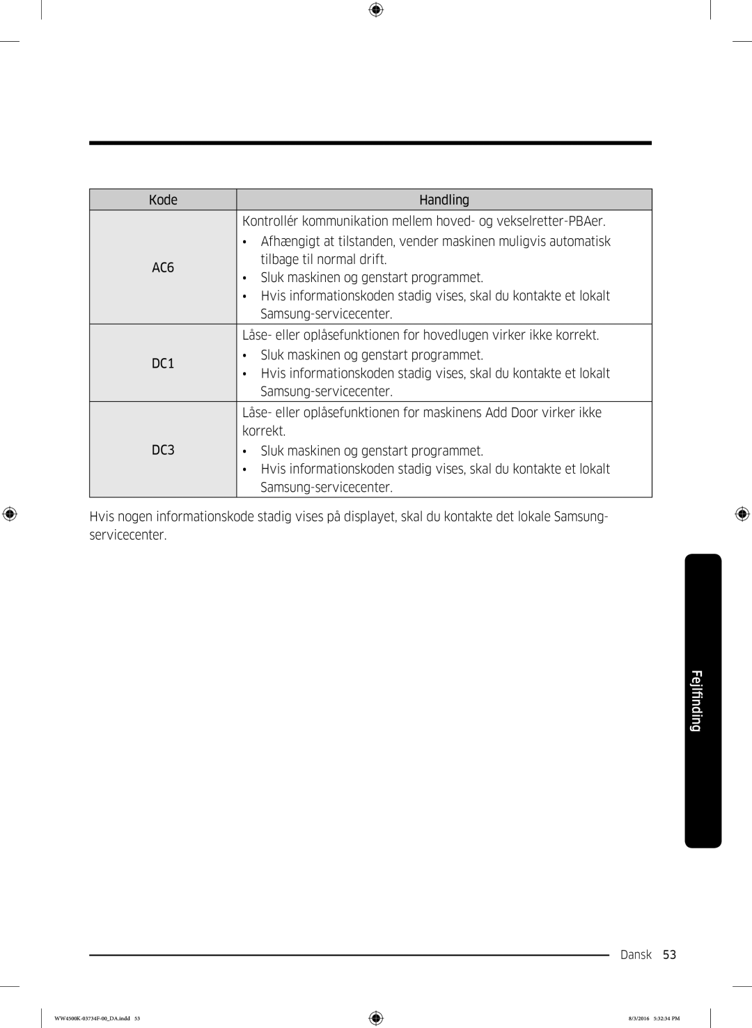 Samsung WW70K44205W/EE, WW70K4420YW/EE manual Tilbage til normal drift 