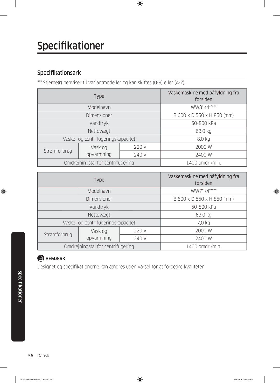 Samsung WW70K4420YW/EE, WW70K44205W/EE manual Specifikationsark, Bemærk 