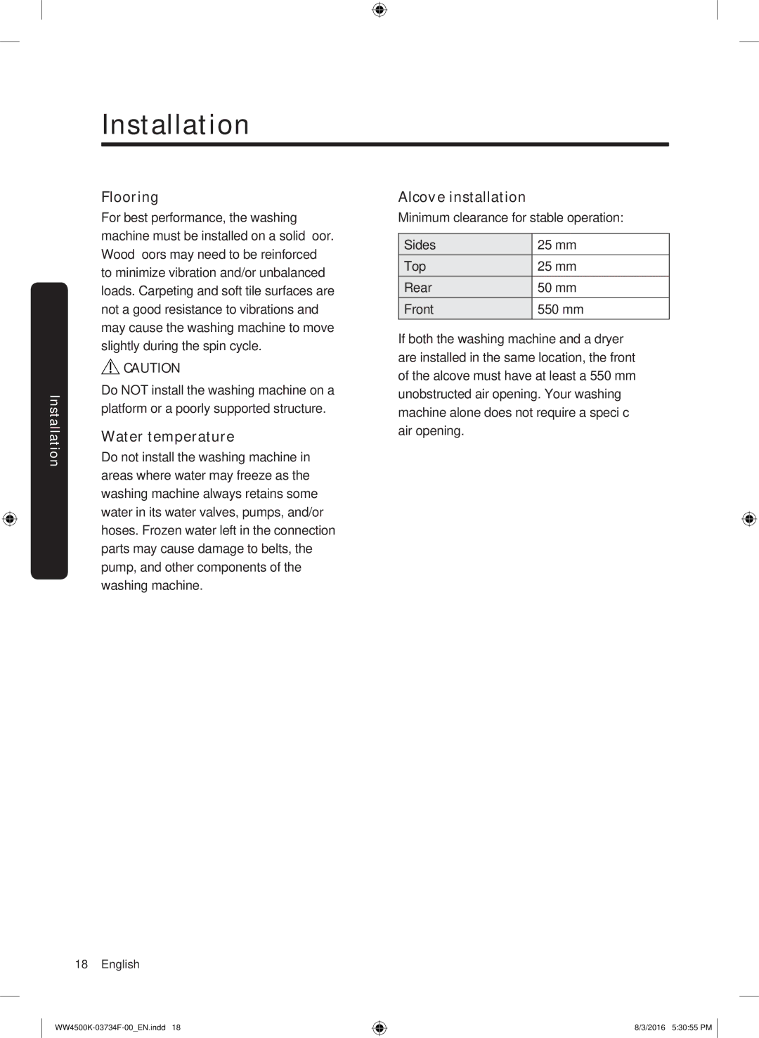 Samsung WW70K4420YW/EE, WW70K44205W/EE manual Flooring, Water temperature, Alcove installation 