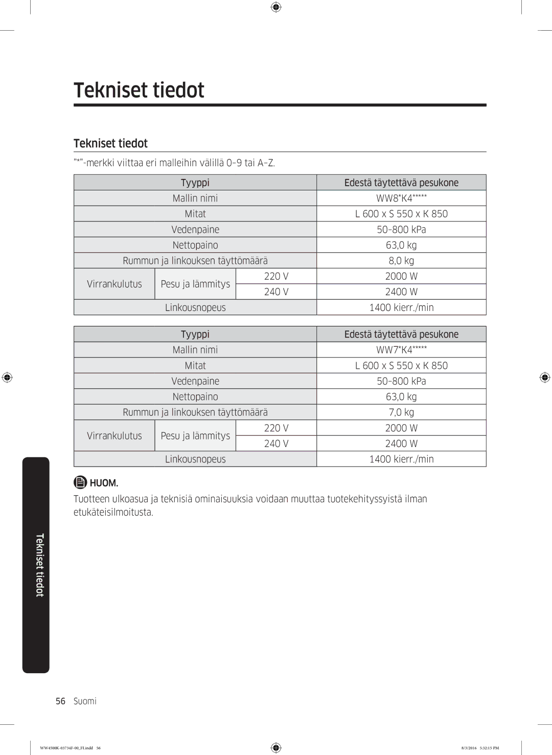 Samsung WW70K4420YW/EE, WW70K44205W/EE manual Tekniset tiedot, Huom 