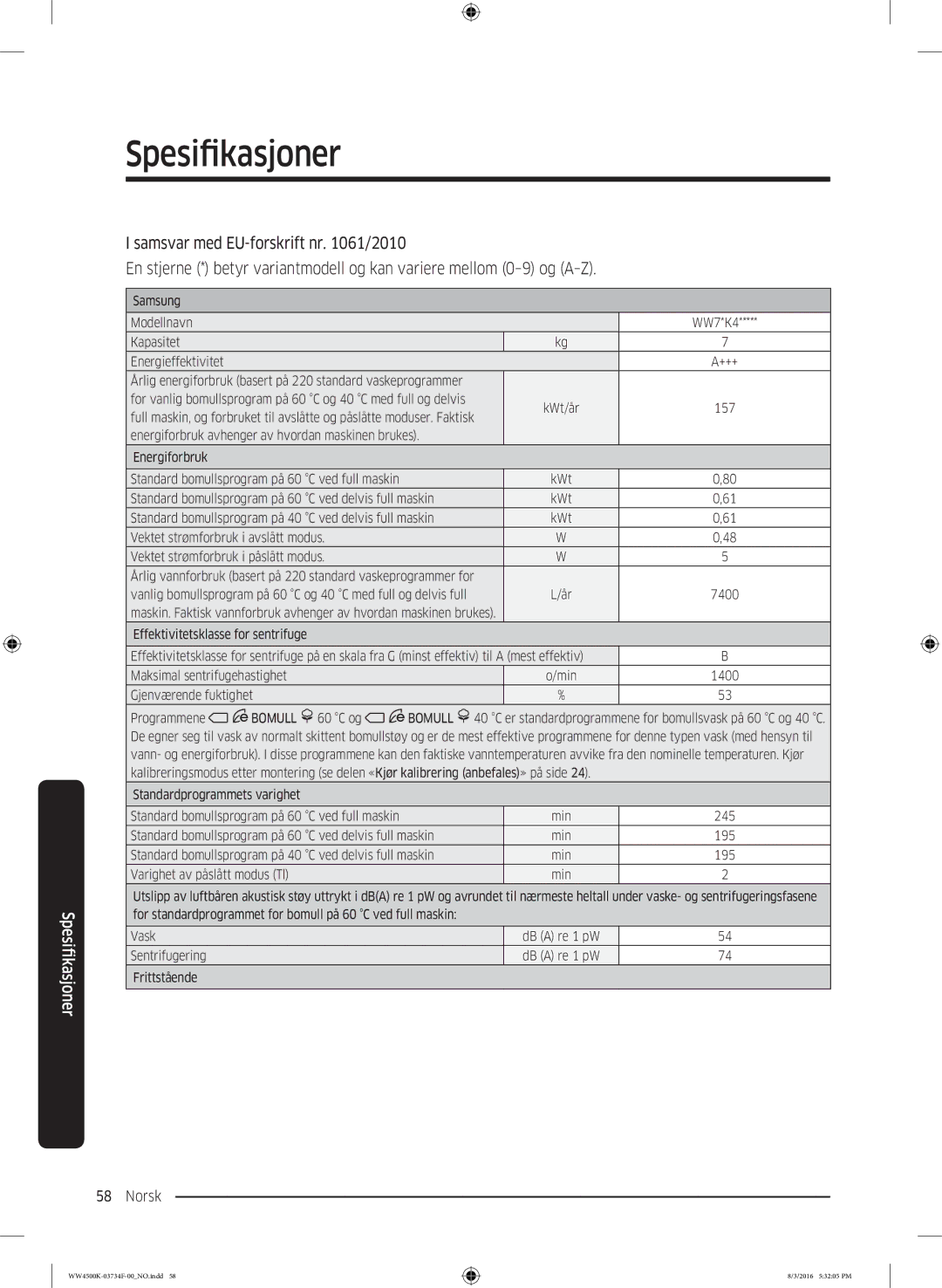 Samsung WW70K4420YW/EE, WW70K44205W/EE manual Samsung Modellnavn WW7*K4 Kapasitet Energieffektivitet 