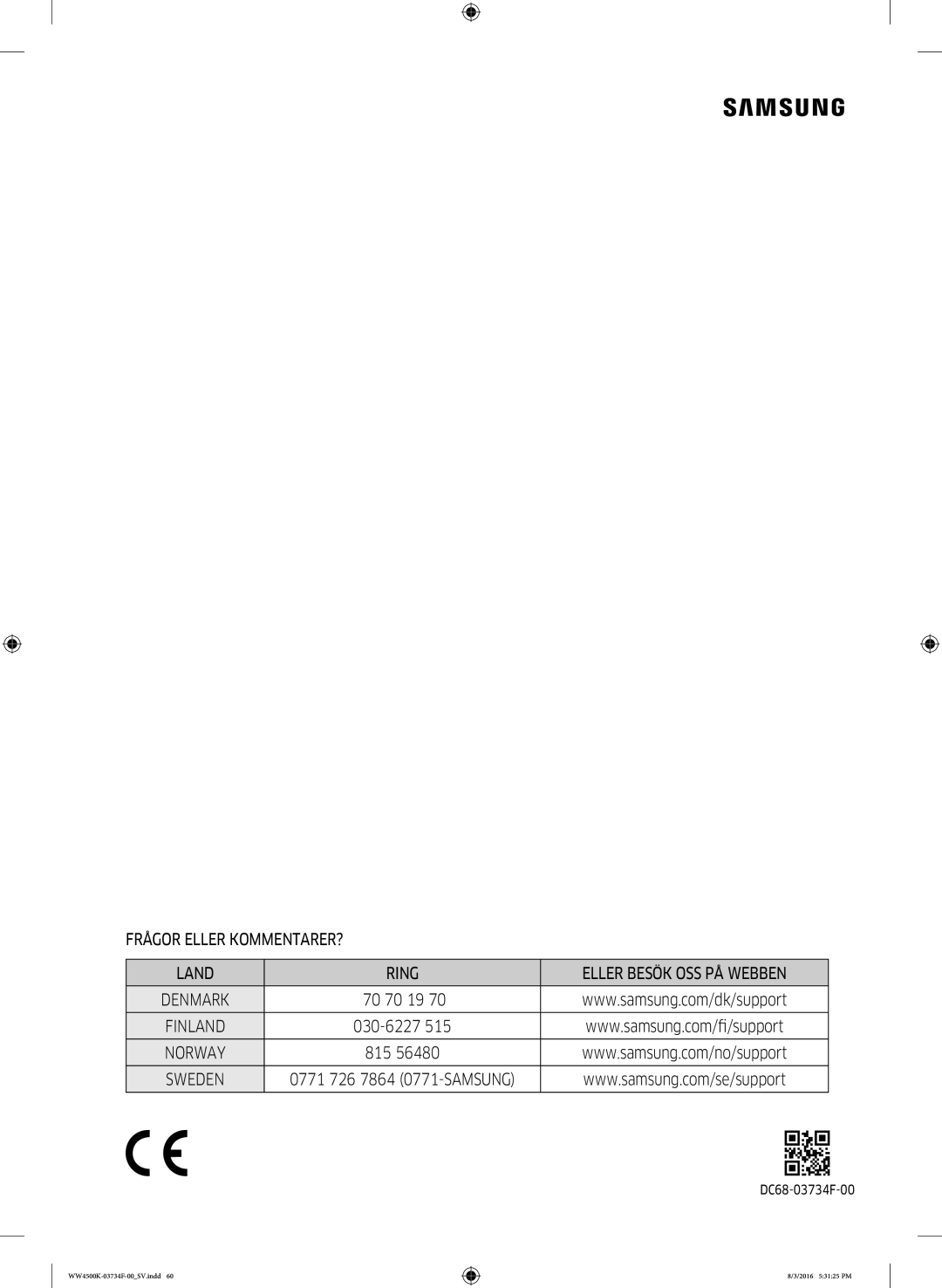 Samsung WW70K4420YW/EE, WW70K44205W/EE manual Frågor Eller KOMMENTARER? Land Ring 