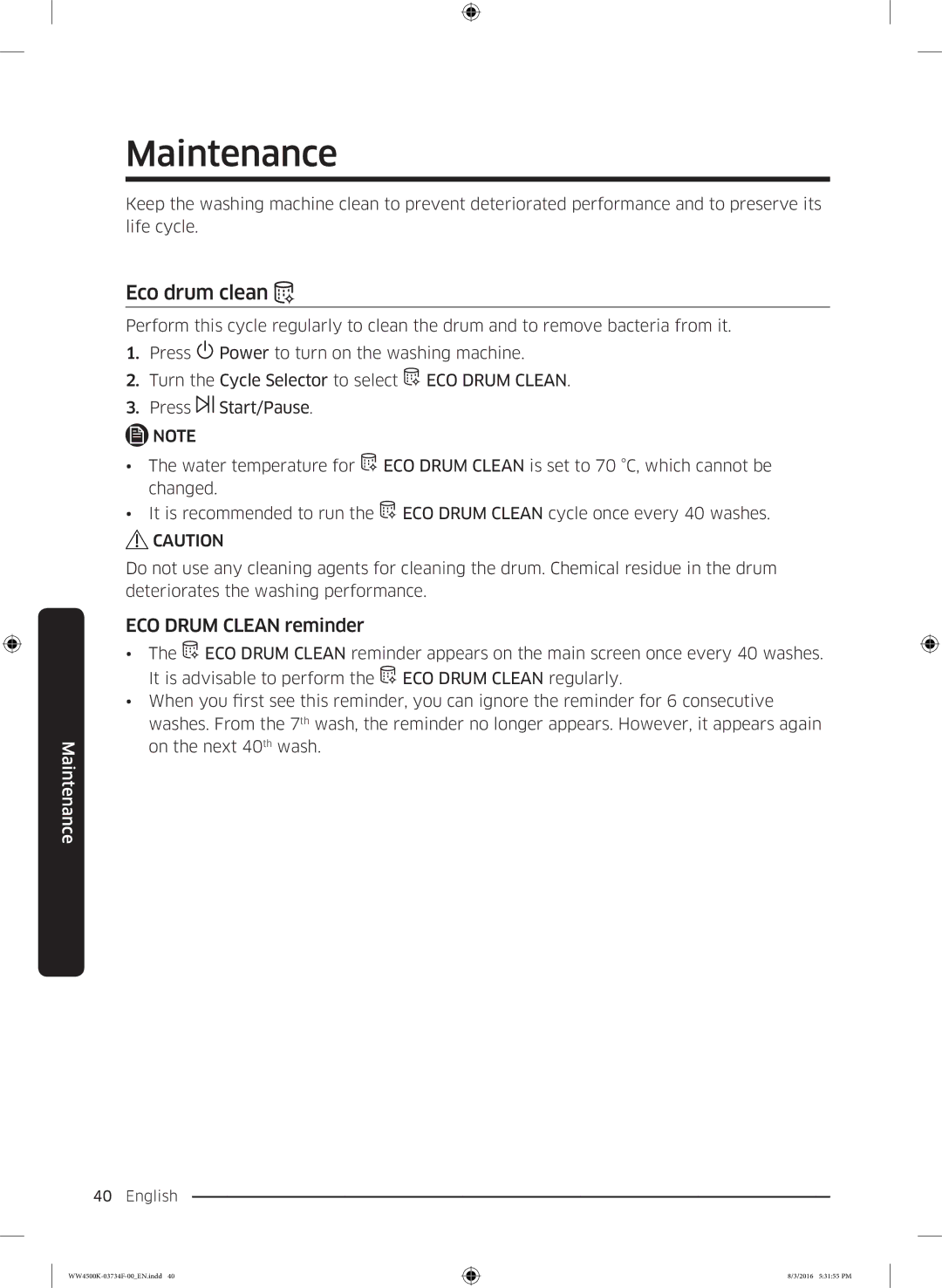 Samsung WW70K4420YW/EE, WW70K44205W/EE manual Maintenance, Eco drum clean, ECO Drum Clean reminder 
