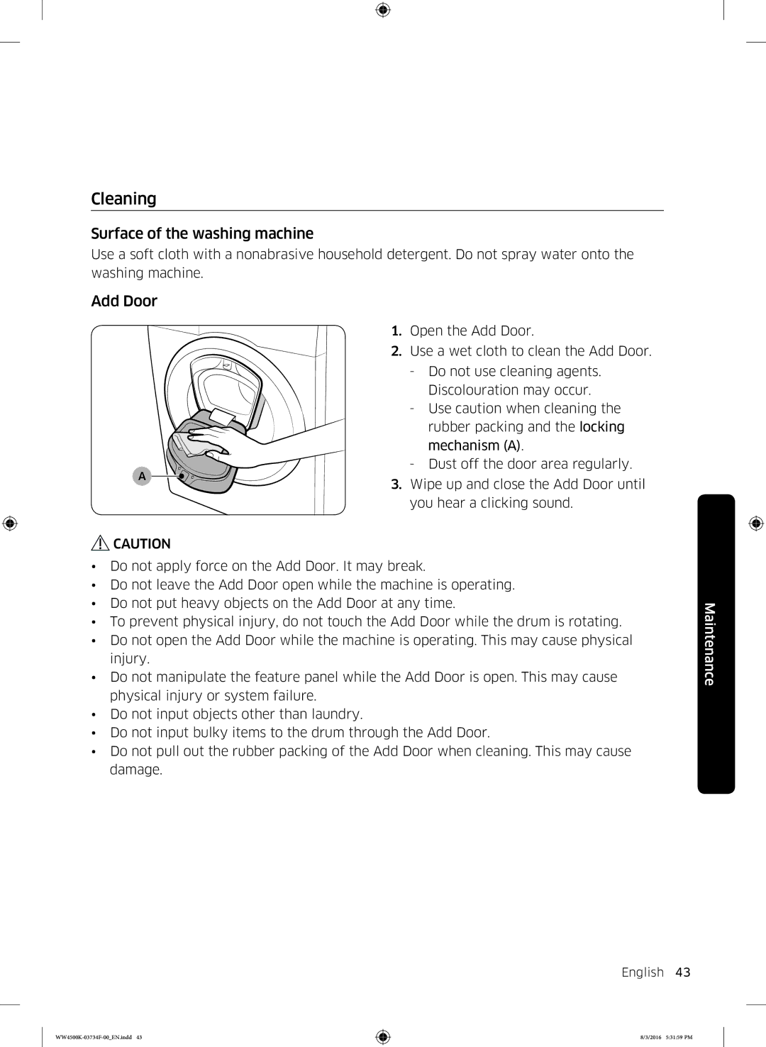 Samsung WW70K44205W/EE, WW70K4420YW/EE manual Cleaning, Surface of the washing machine, Add Door 