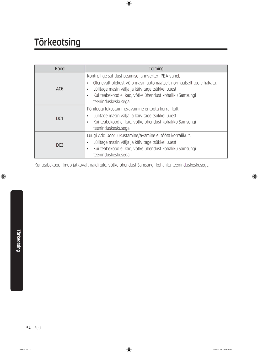 Samsung WW90K44305W/LE, WW70K44305W/LE, WW80K44305X/LE manual Kui teabekood ei kao, võtke ühendust kohaliku Samsungi 