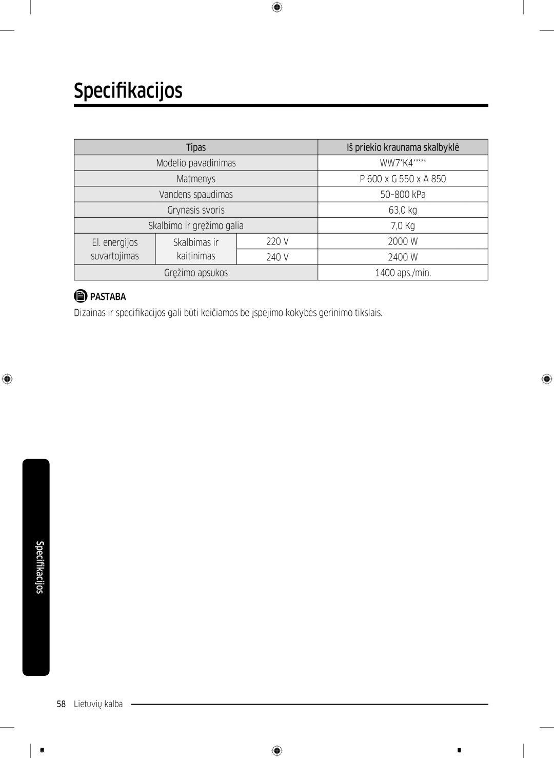 Samsung WW90K44305W/LE, WW70K44305W/LE, WW80K44305X/LE, WW80K44305W/LE manual Tipas Iš priekio kraunama skalbyklė 