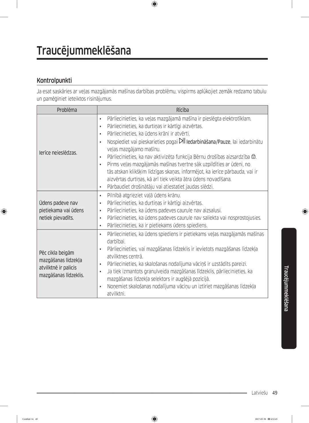 Samsung WW80K44305X/LE, WW70K44305W/LE, WW90K44305W/LE, WW80K44305W/LE manual Traucējummeklēšana, Kontrolpunkti 