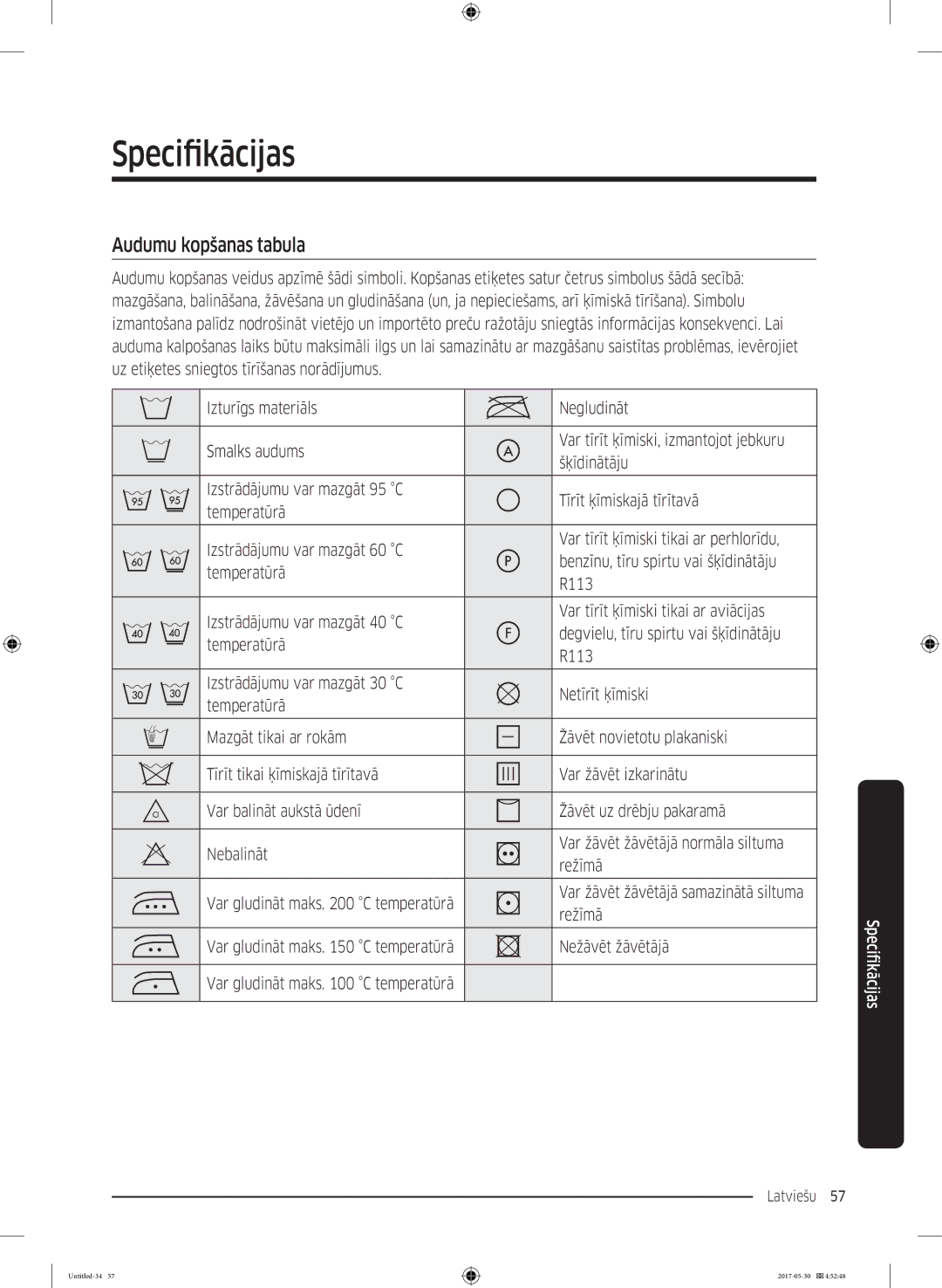 Samsung WW80K44305X/LE, WW70K44305W/LE, WW90K44305W/LE manual Specifikācijas, Audumu kopšanas tabula, Nežāvēt žāvētājā 