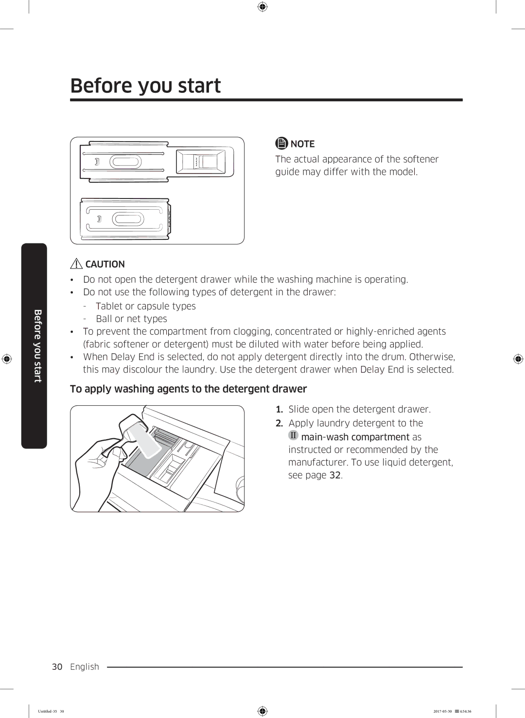 Samsung WW90K44305W/LE, WW70K44305W/LE, WW80K44305X/LE, WW80K44305W/LE manual To apply washing agents to the detergent drawer 