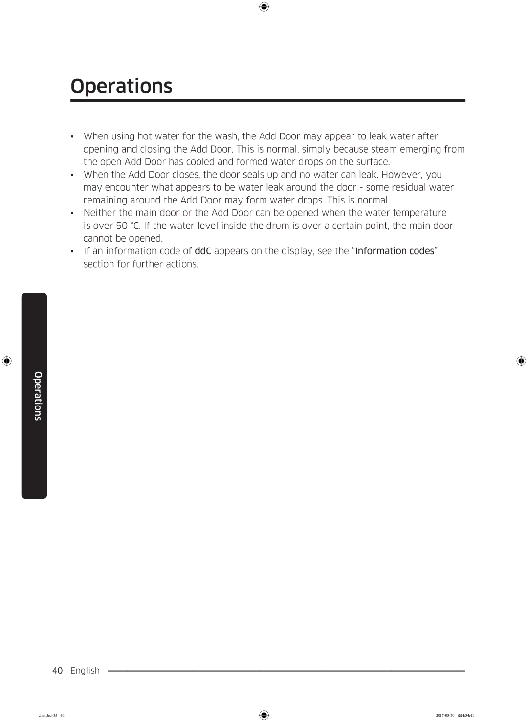 Samsung WW70K44305W/LE, WW80K44305X/LE, WW90K44305W/LE, WW80K44305W/LE manual Operations 