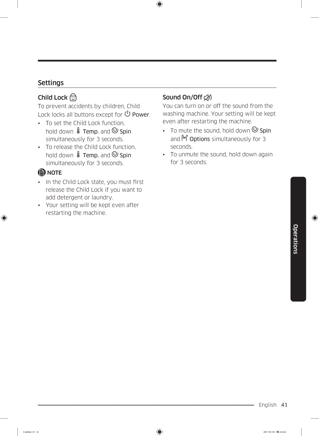 Samsung WW80K44305X/LE, WW70K44305W/LE, WW90K44305W/LE, WW80K44305W/LE manual Settings, Child Lock, Sound On/Off 