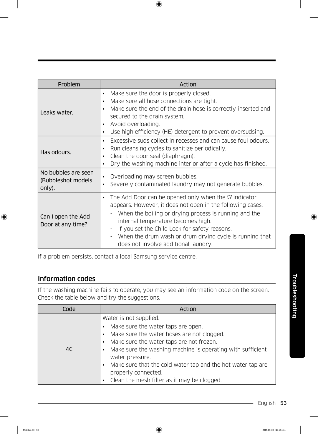 Samsung WW80K44305X/LE, WW70K44305W/LE, WW90K44305W/LE, WW80K44305W/LE manual Information codes 