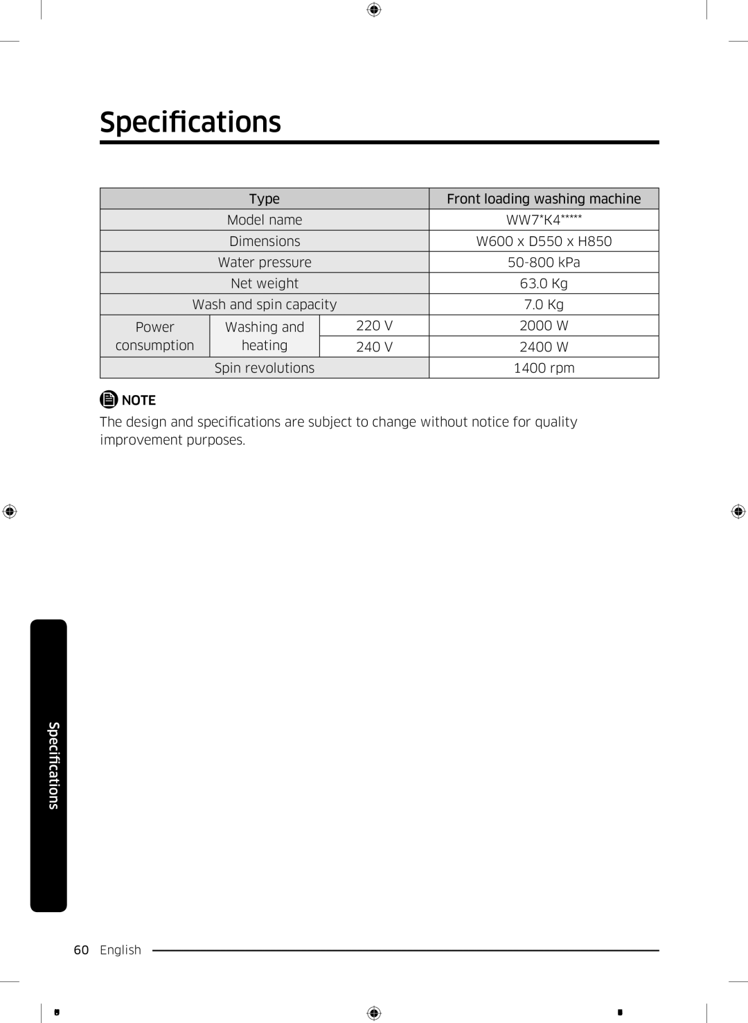 Samsung WW70K44305W/LE, WW80K44305X/LE, WW90K44305W/LE, WW80K44305W/LE manual Specifications 