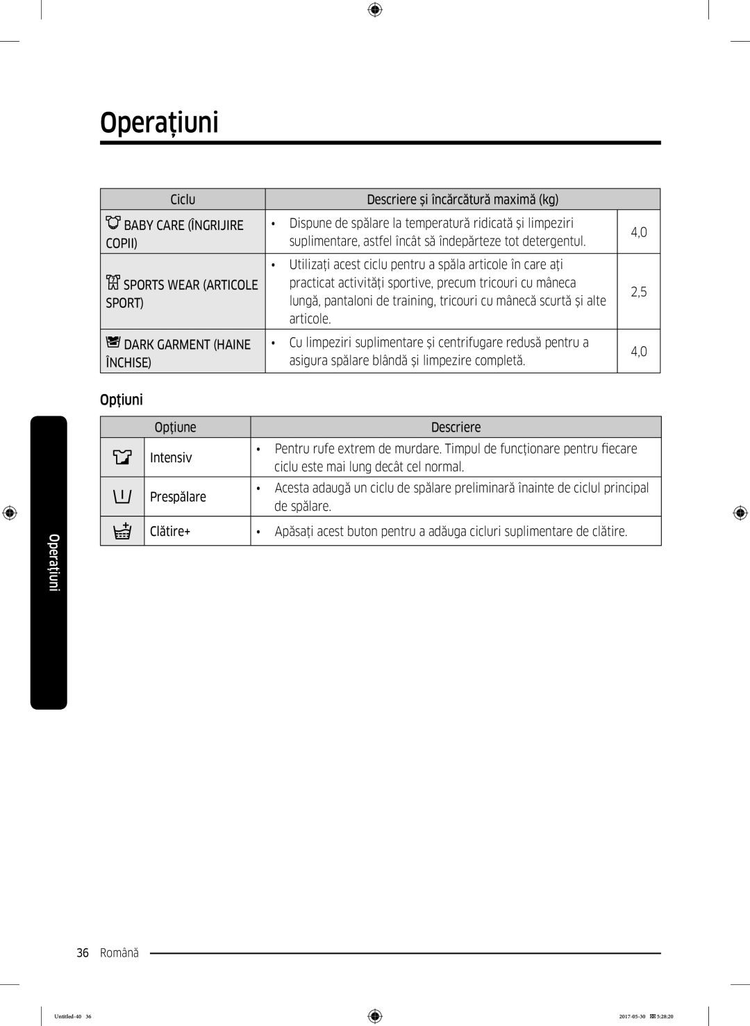 Samsung WW70K44305W/LE, WW80K44305X/LE, WW90K44305W/LE, WW80K44305W/LE manual Opţiuni 