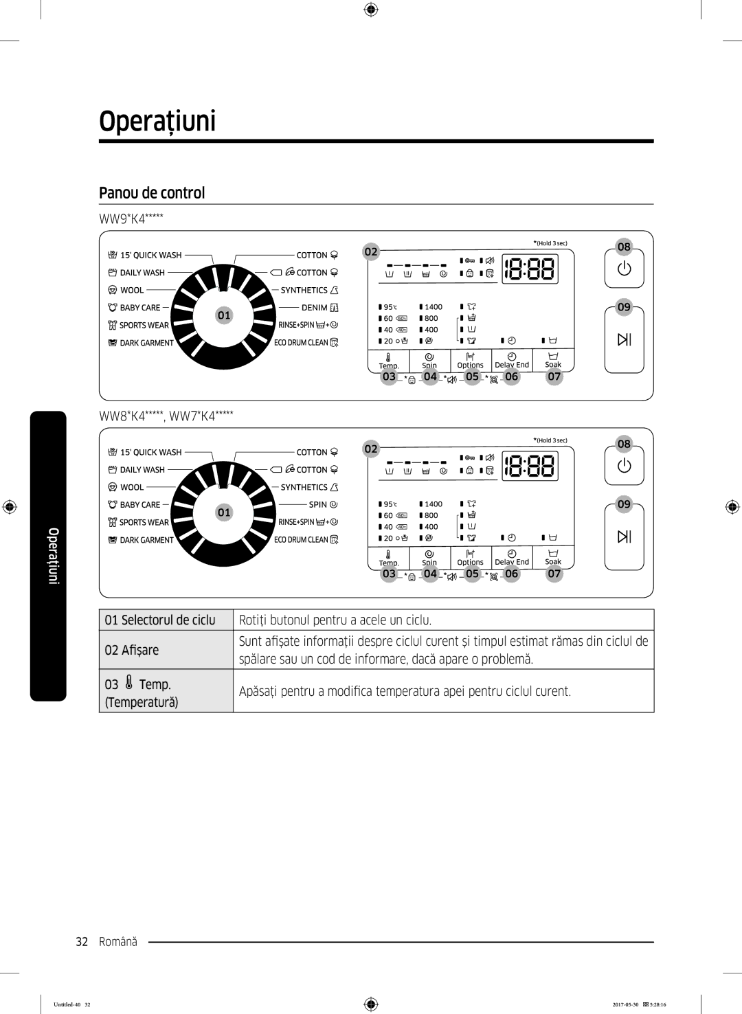 Samsung WW70K44305W/LE, WW80K44305X/LE manual Panou de control, Spălare sau un cod de informare, dacă apare o problemă 