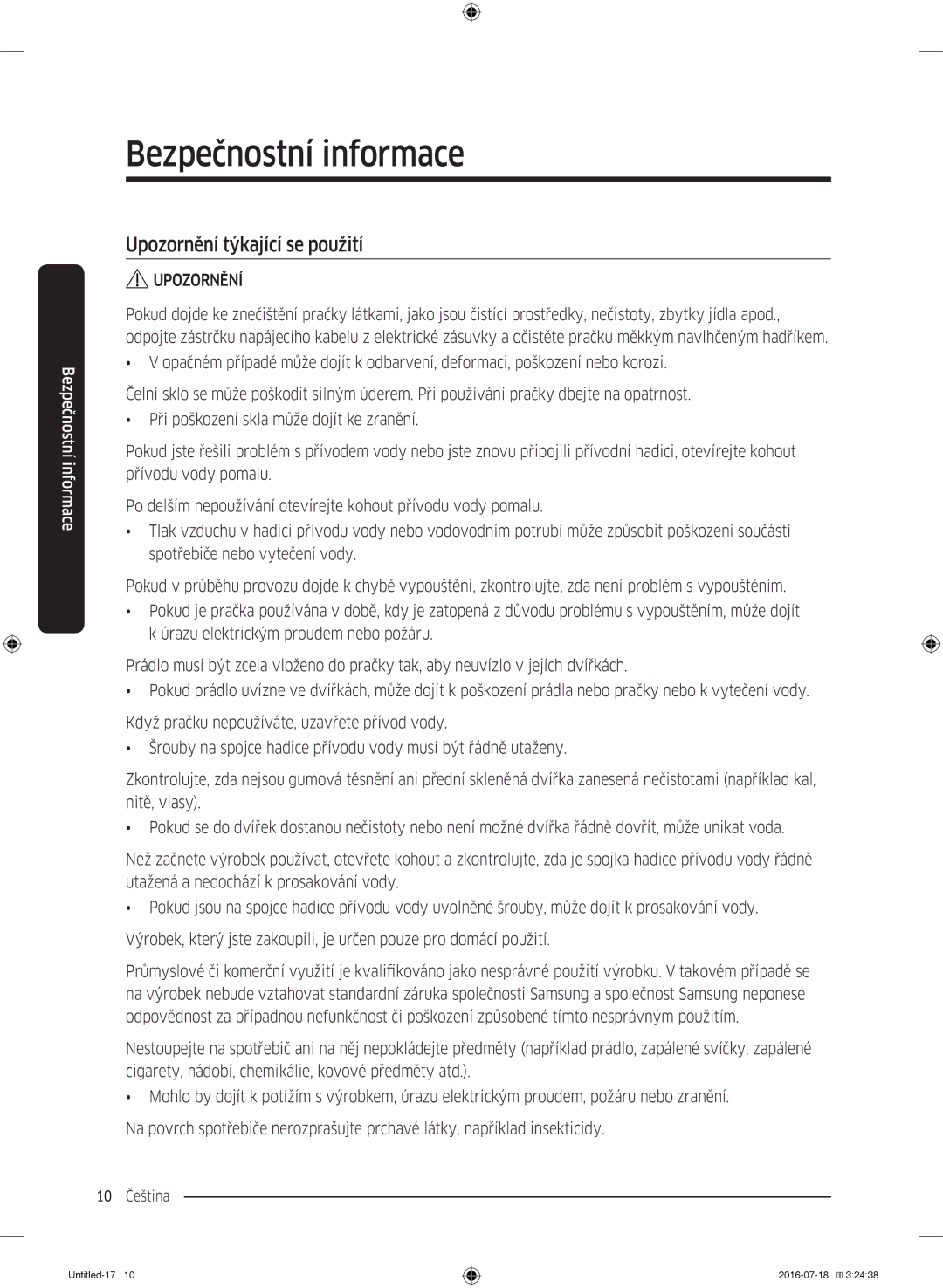 Samsung WW90K44305W/LE, WW70K44305W/LE, WW80K44305W/LE manual Upozornění týkající se použití 