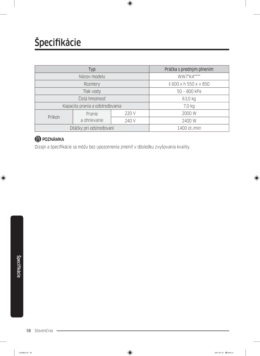 Samsung WW80K44305W/LE, WW70K44305W/LE, WW90K44305W/LE manual Typ Práčka s predným plnením 