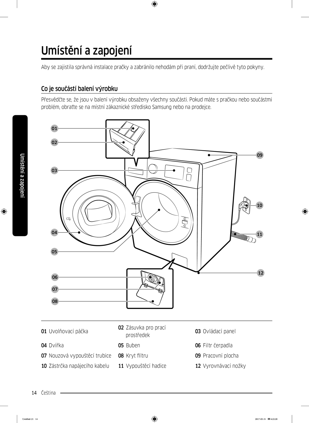 Samsung WW80K44305W/LE, WW70K44305W/LE, WW90K44305W/LE manual Umístění a zapojení, Co je součástí balení výrobku 