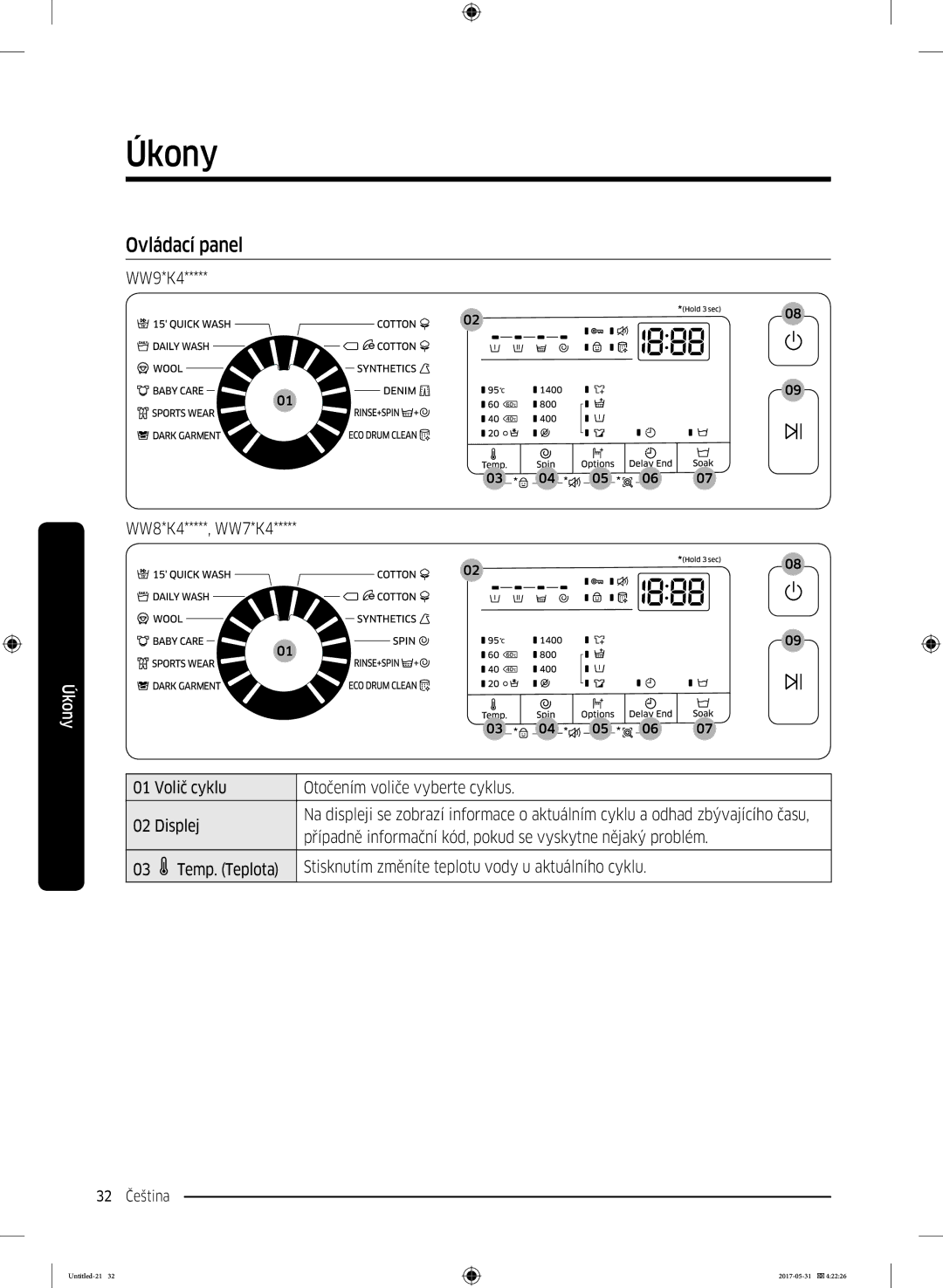 Samsung WW80K44305W/LE, WW70K44305W/LE, WW90K44305W/LE manual Úkony, Ovládací panel, WW9*K4 WW8*K4*****, WW7*K4 