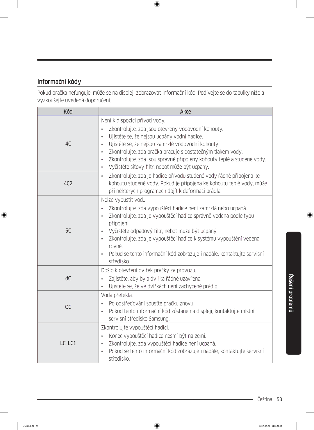 Samsung WW80K44305W/LE, WW70K44305W/LE, WW90K44305W/LE manual Informační kódy 