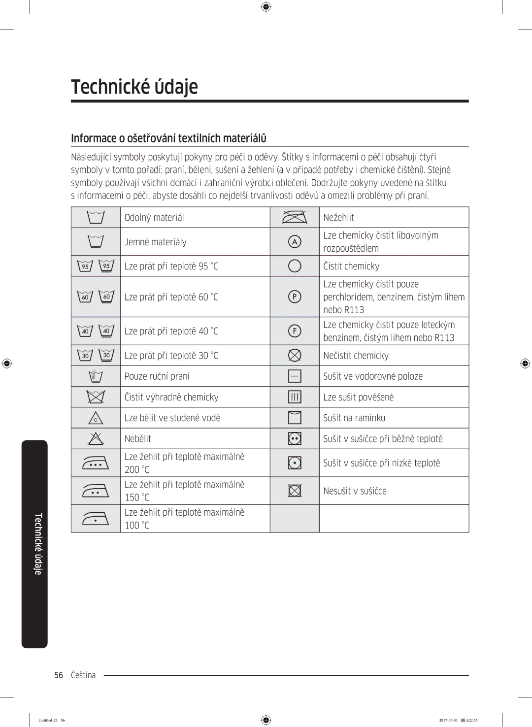 Samsung WW80K44305W/LE, WW70K44305W/LE manual Technické údaje, Informace o ošetřování textilních materiálů, Nebo R113 