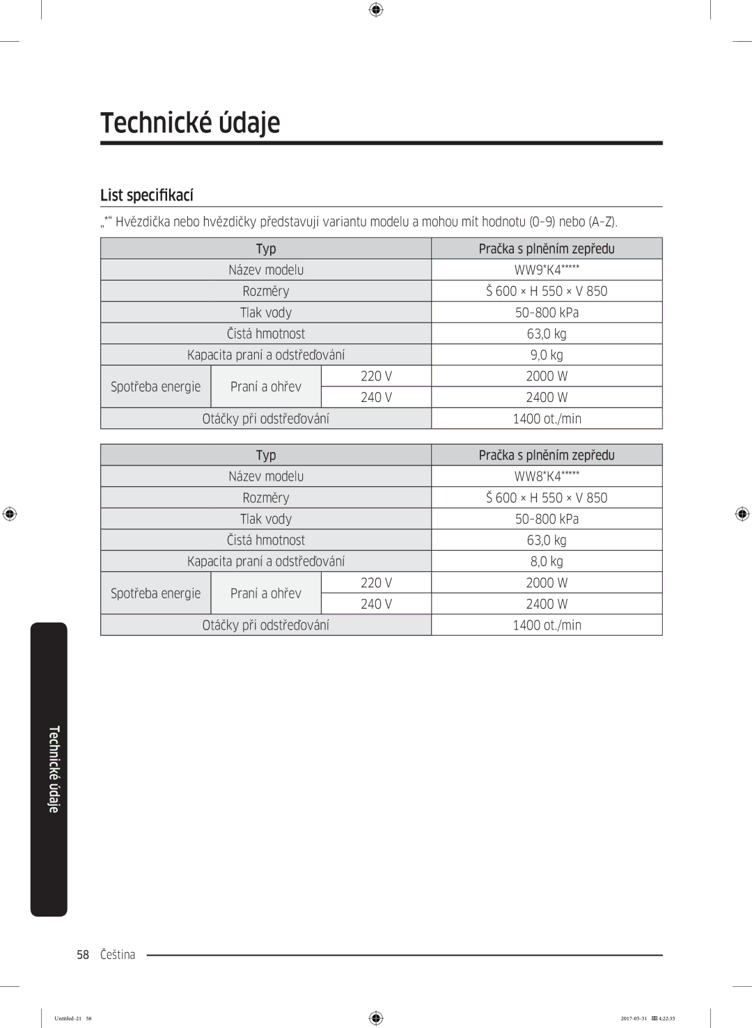 Samsung WW90K44305W/LE, WW70K44305W/LE, WW80K44305W/LE manual List specifikací, 220, 240 