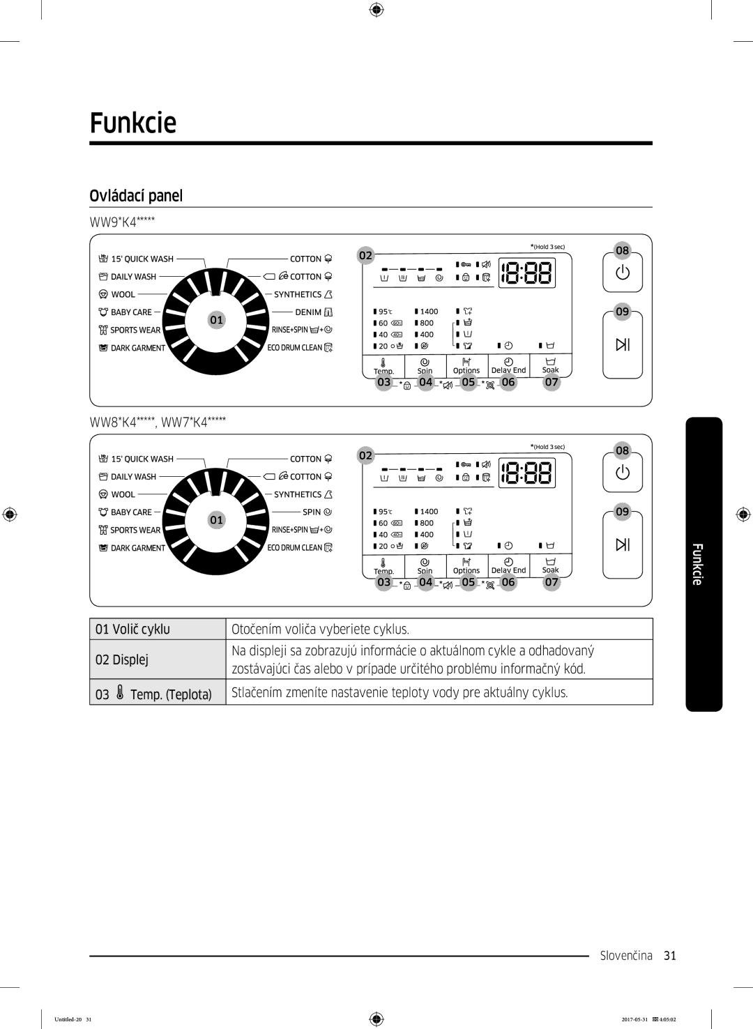 Samsung WW80K44305W/LE, WW70K44305W/LE, WW90K44305W/LE manual Funkcie, Ovládací panel 