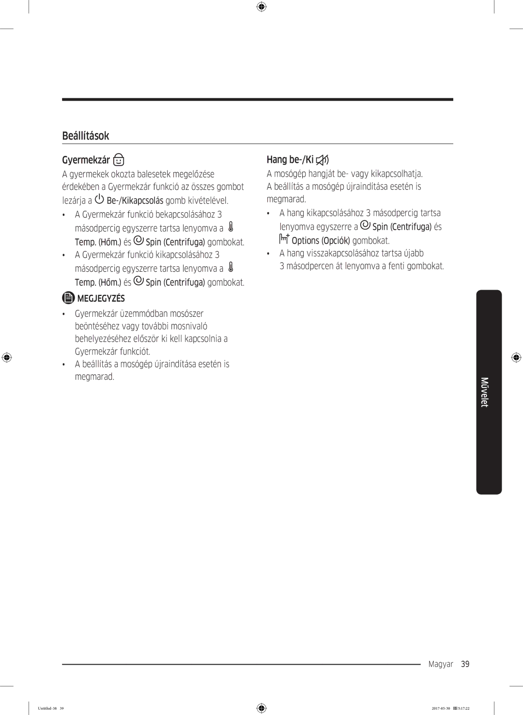 Samsung WW70K44305W/LE, WW90K44305W/LE, WW80K44305W/LE manual Beállítások, Gyermekzár, Hang be-/Ki 