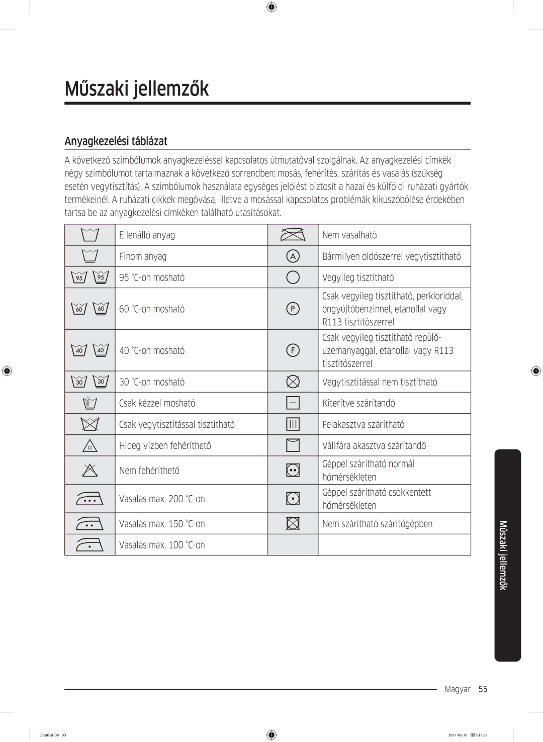 Samsung WW90K44305W/LE manual Műszaki jellemzők, Anyagkezelési táblázat, Ellenálló anyag Nem vasalható Finom anyag 