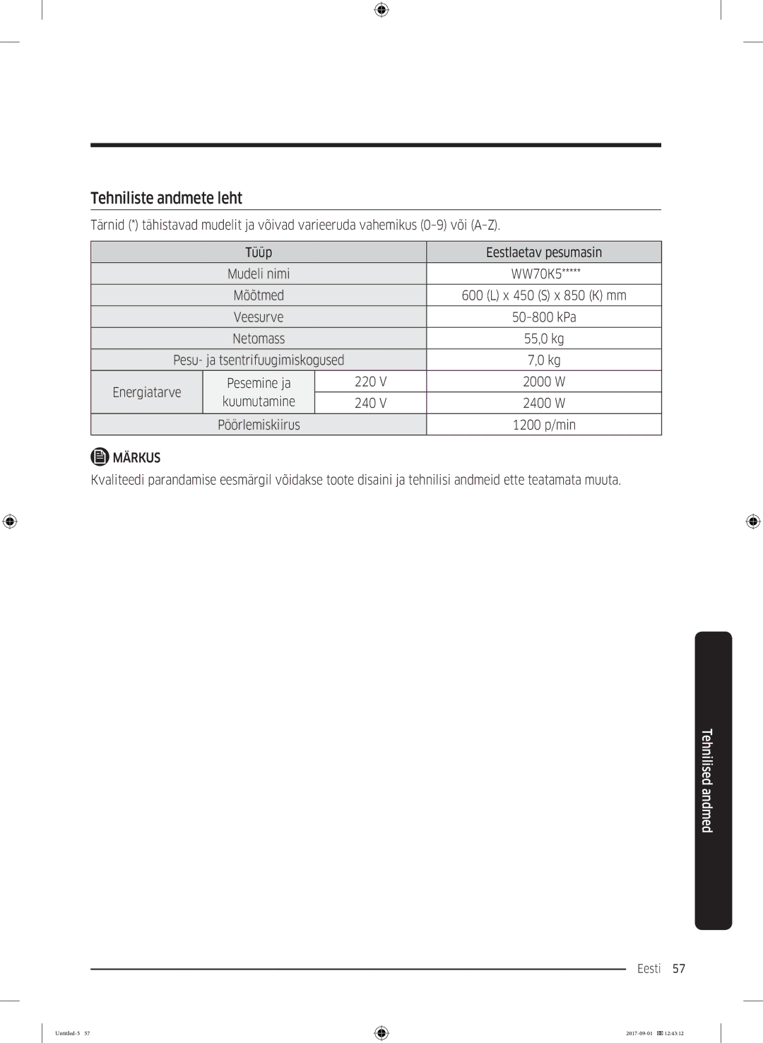 Samsung WW70K52109W/LE, WW70K52109W/ZE manual Tehniliste andmete leht, Energiatarve, Kuumutamine 240, 1200 p/min 