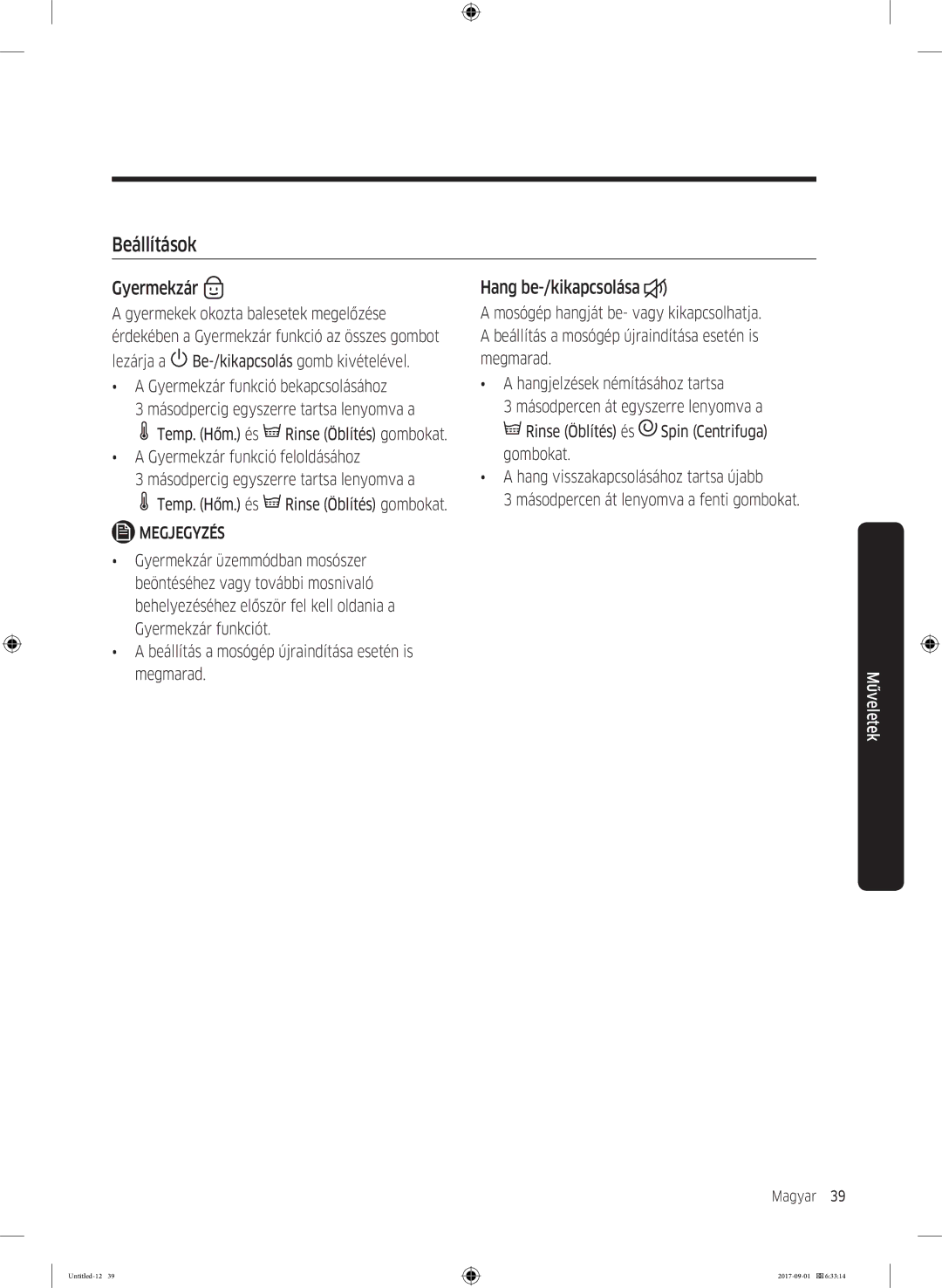 Samsung WW70K52109W/LE, WW70K52109W/ZE manual Beállítások, Gyermekzár, Hang be-/kikapcsolása 