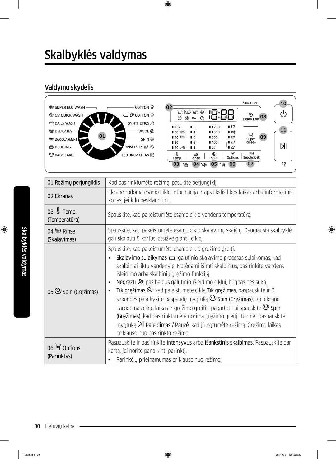 Samsung WW70K52109W/ZE, WW70K52109W/LE manual Skalbyklės valdymas, Valdymo skydelis 