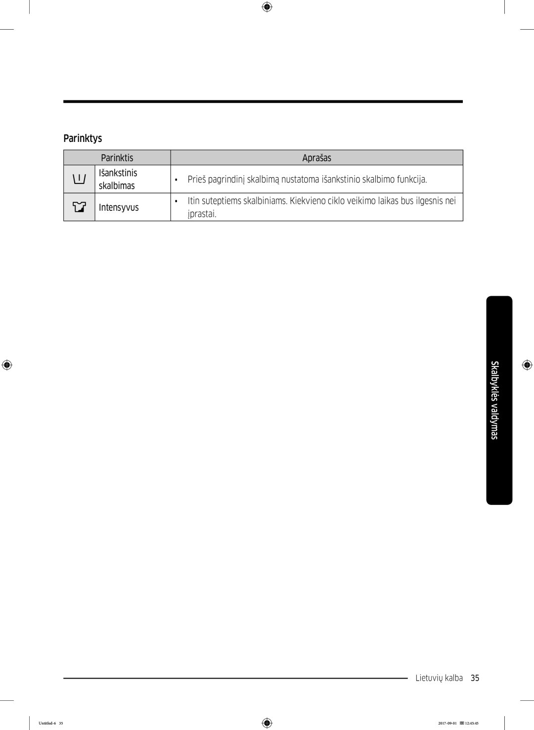 Samsung WW70K52109W/LE, WW70K52109W/ZE manual Parinktys, Įprastai 