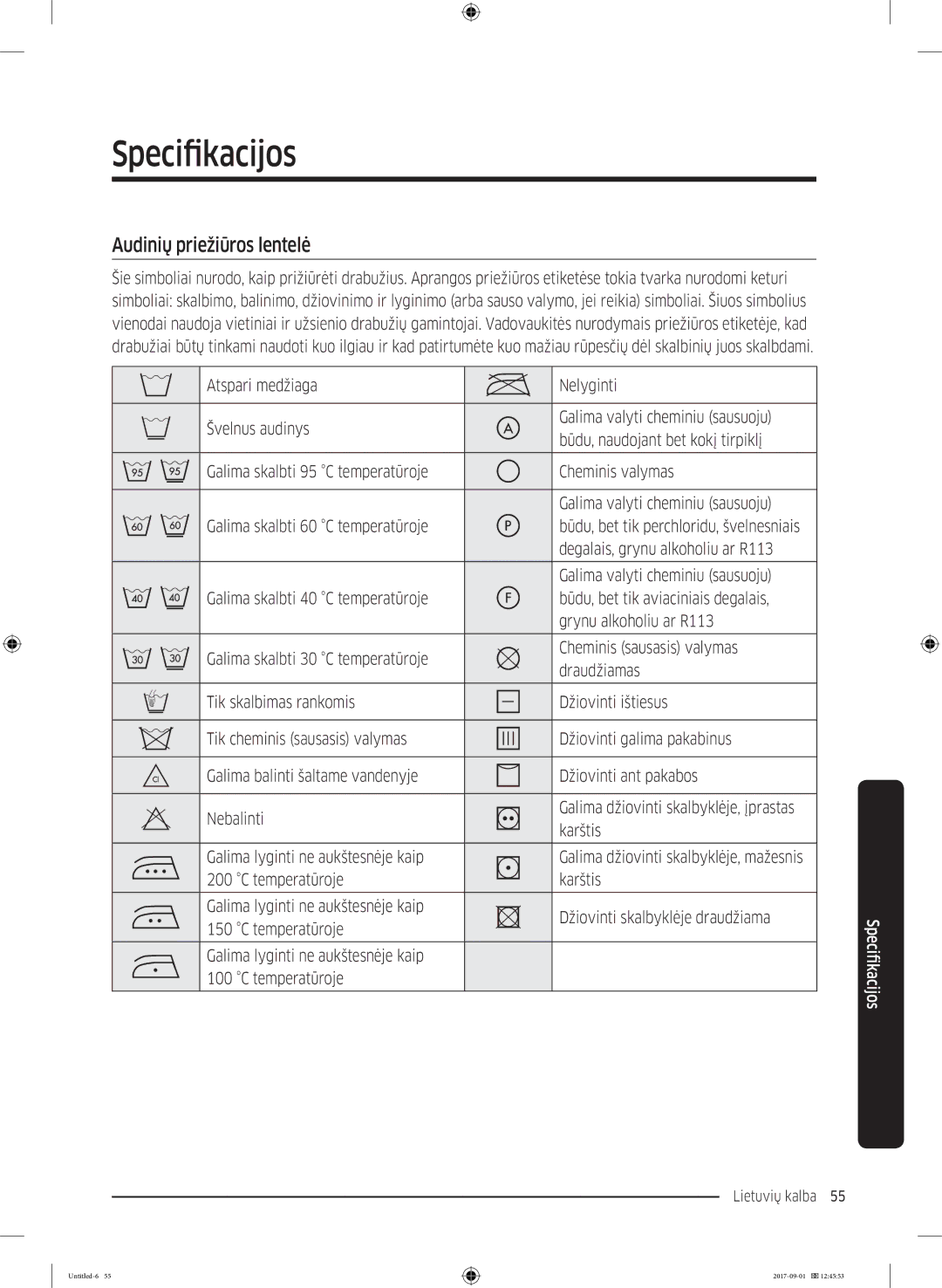 Samsung WW70K52109W/LE manual Specifikacijos, Audinių priežiūros lentelė, Degalais, grynu alkoholiu ar R113, Karštis 