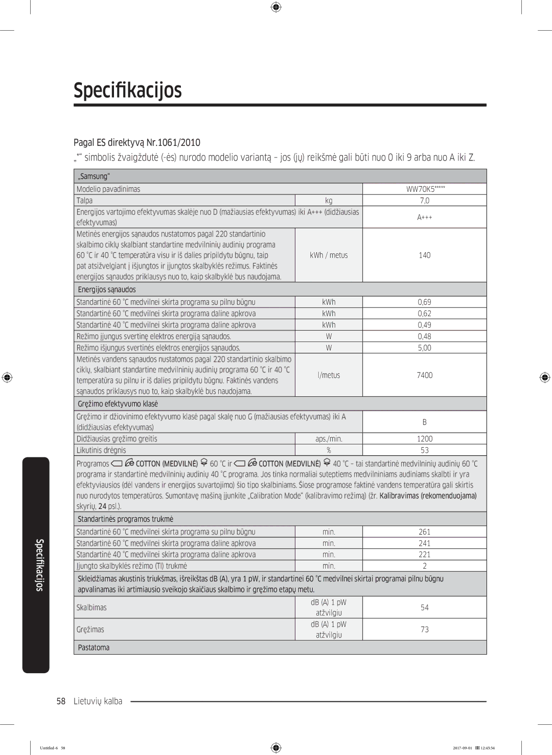 Samsung WW70K52109W/ZE, WW70K52109W/LE manual Ir 40 C temperatūra visu ir iš dalies pripildytu būgnu, taip 