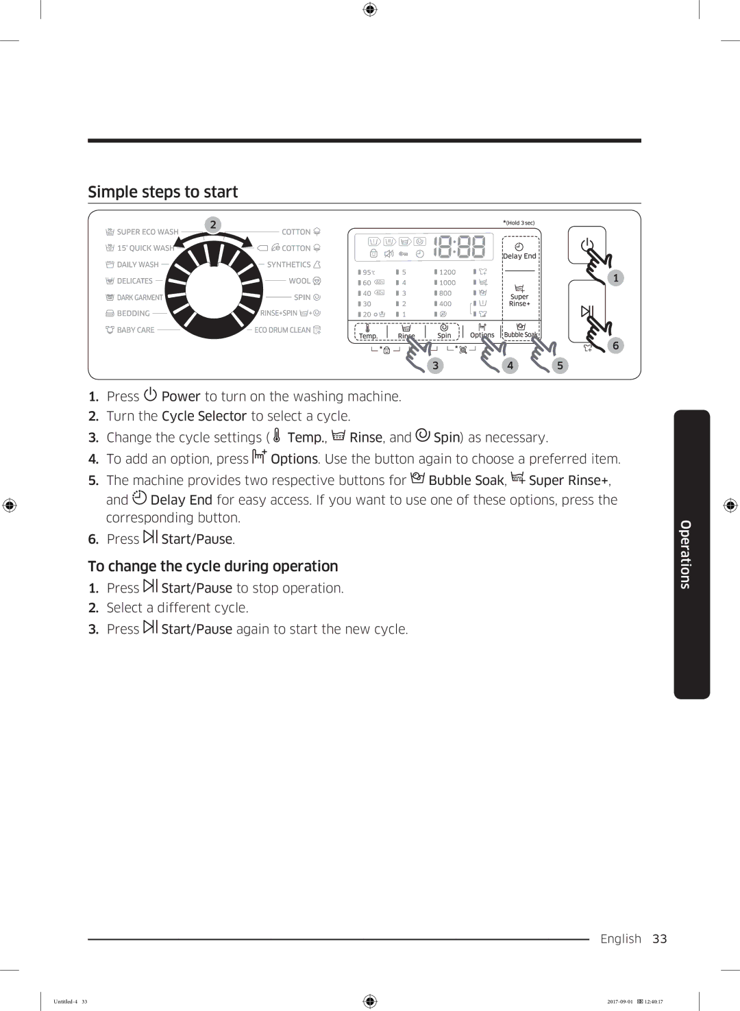 Samsung WW70K52109W/LE, WW70K52109W/ZE manual Simple steps to start, To change the cycle during operation 