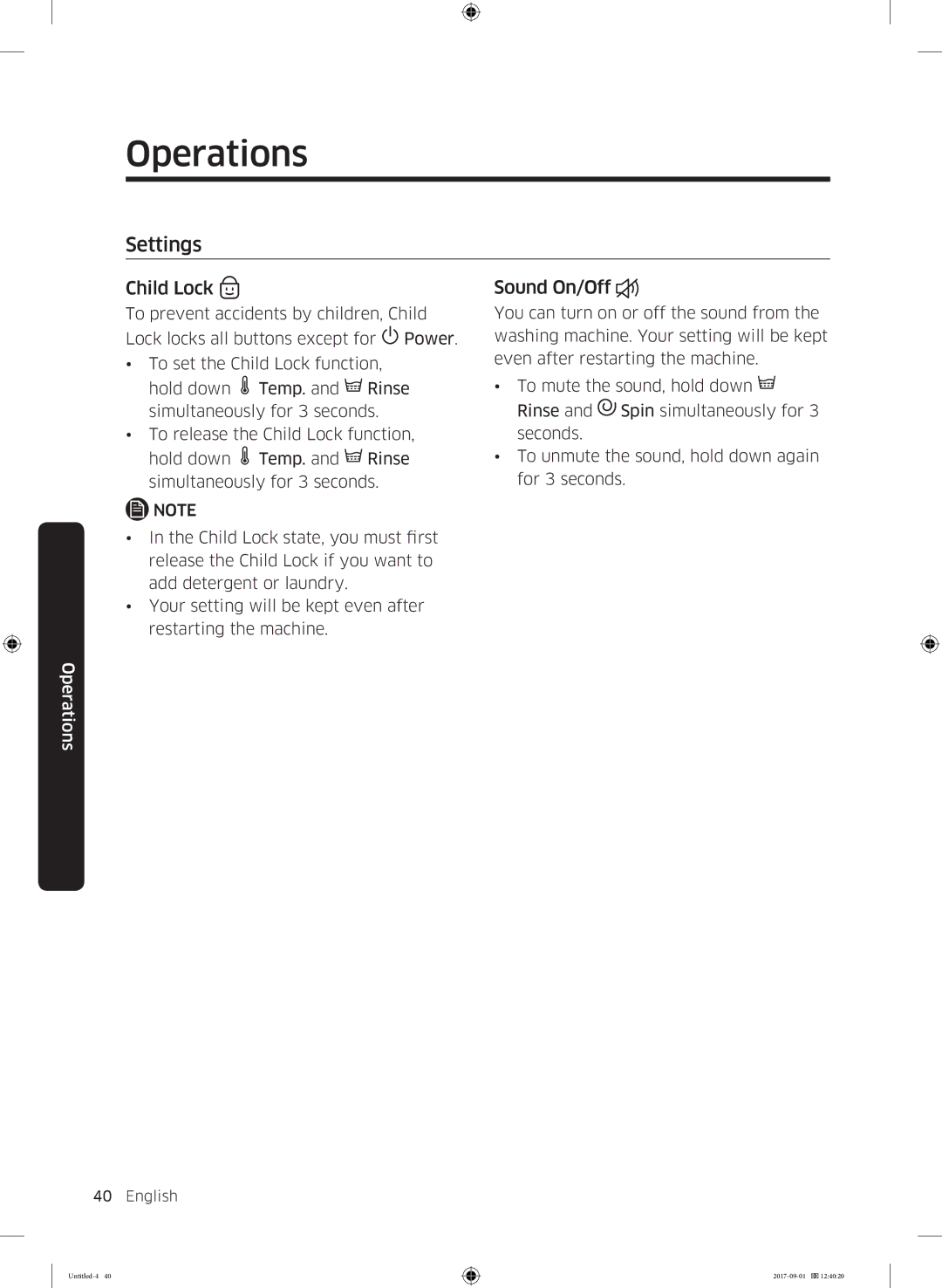 Samsung WW70K52109W/ZE, WW70K52109W/LE manual Settings, Child Lock, Sound On/Off 