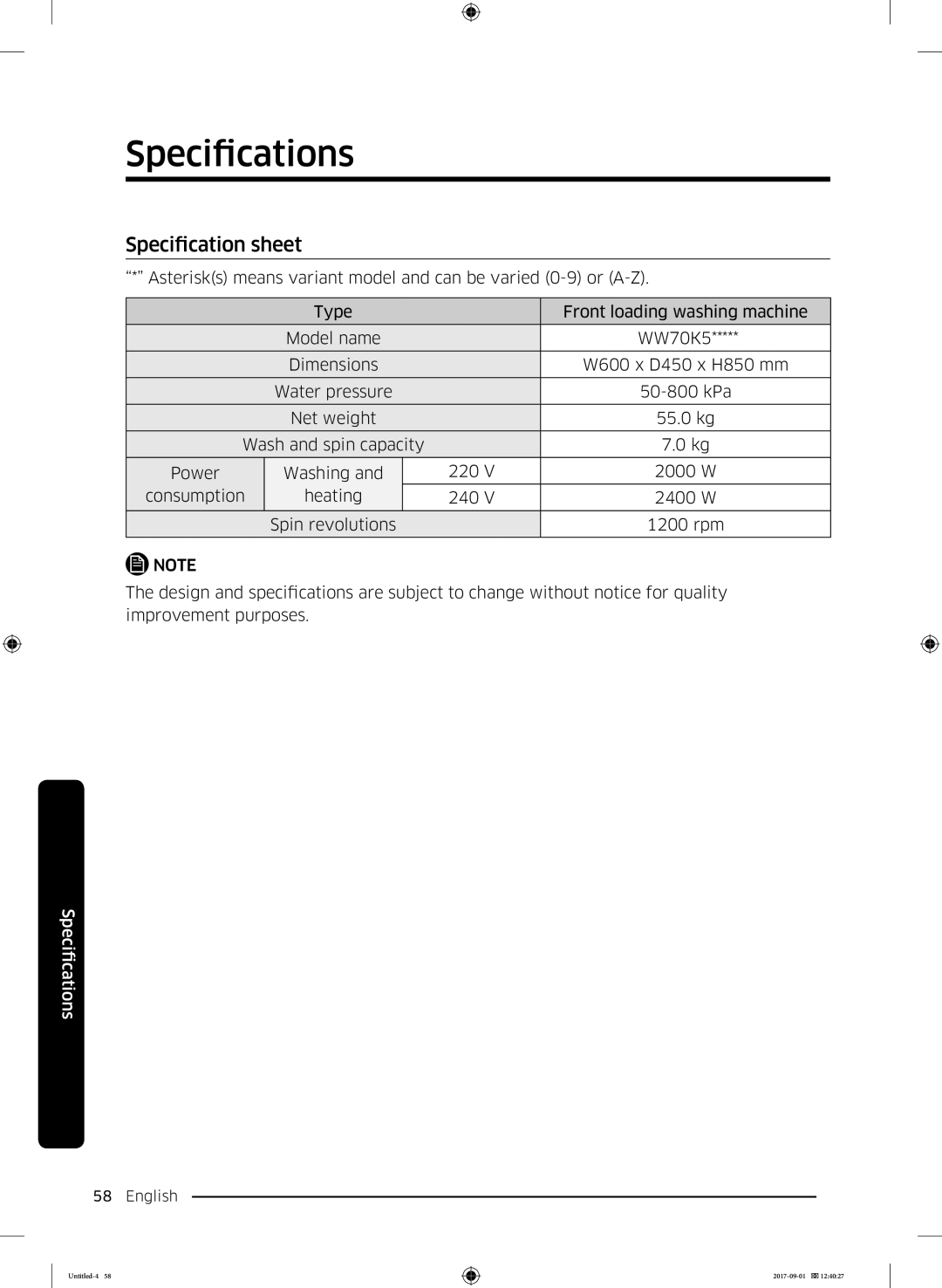 Samsung WW70K52109W/ZE, WW70K52109W/LE manual Specification sheet 