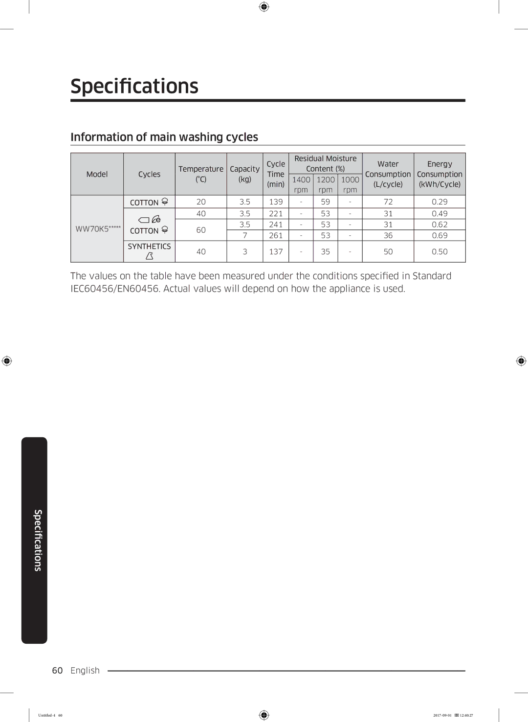 Samsung WW70K52109W/ZE, WW70K52109W/LE manual Information of main washing cycles 