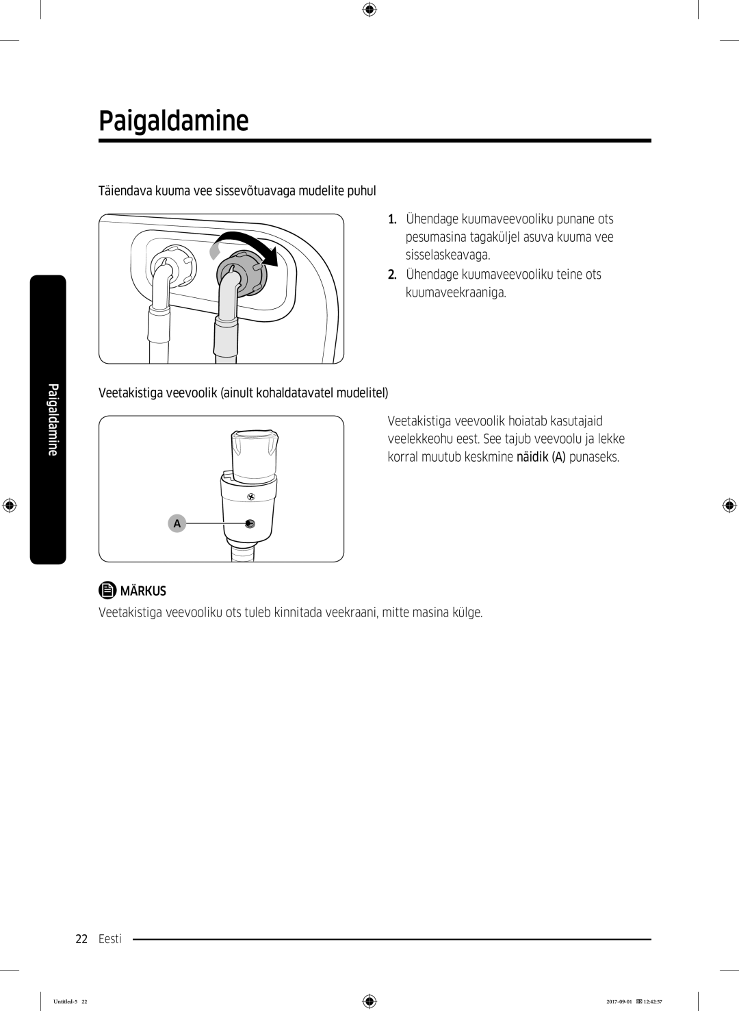 Samsung WW70K52109W/ZE, WW70K52109W/LE manual Veetakistiga veevoolik ainult kohaldatavatel mudelitel 