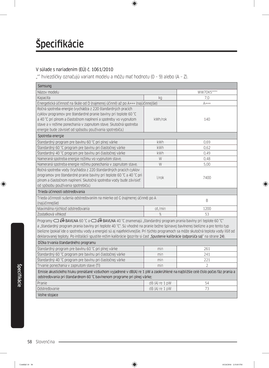 Samsung WW70K52109W/ZE manual Štandardný 60 C program pre bavlnu pri čiastočnej várke 