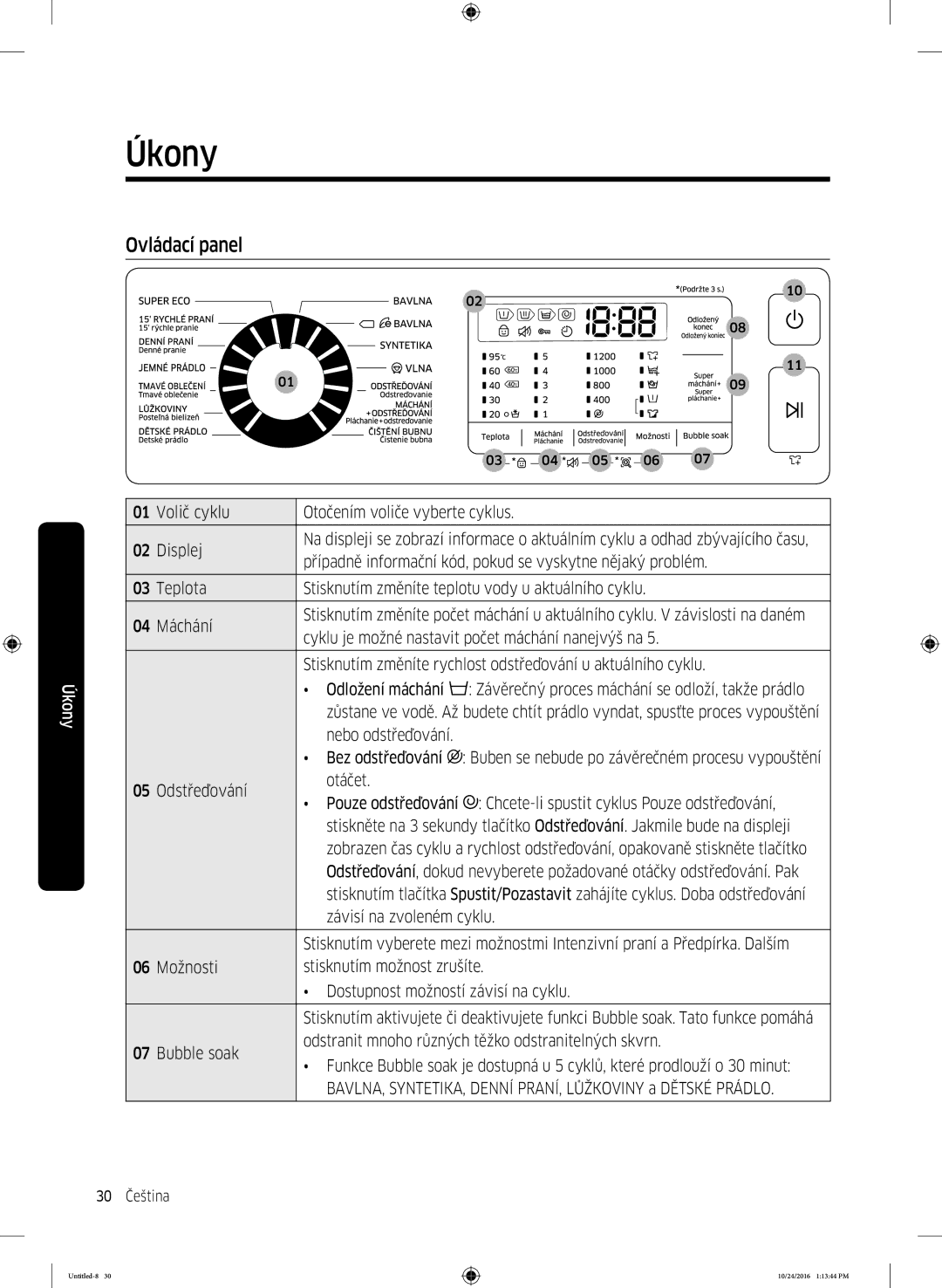 Samsung WW70K52109W/ZE manual Úkony, Ovládací panel 