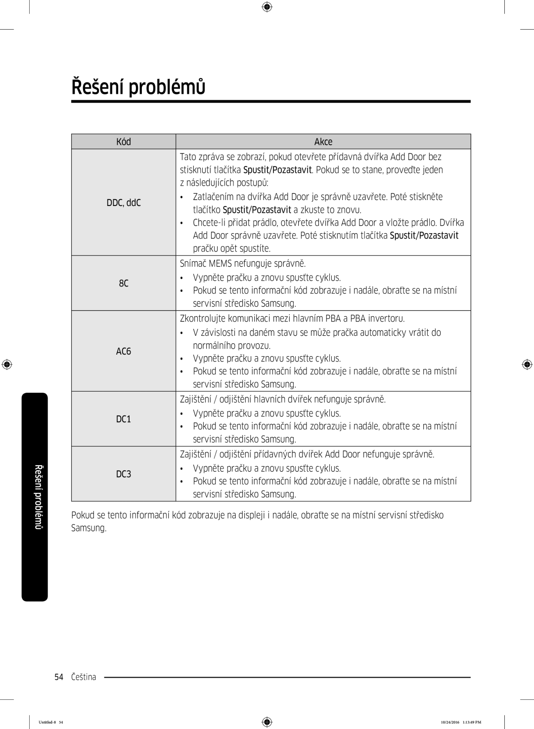 Samsung WW70K52109W/ZE manual Tlačítko Spustit/Pozastavit a zkuste to znovu 