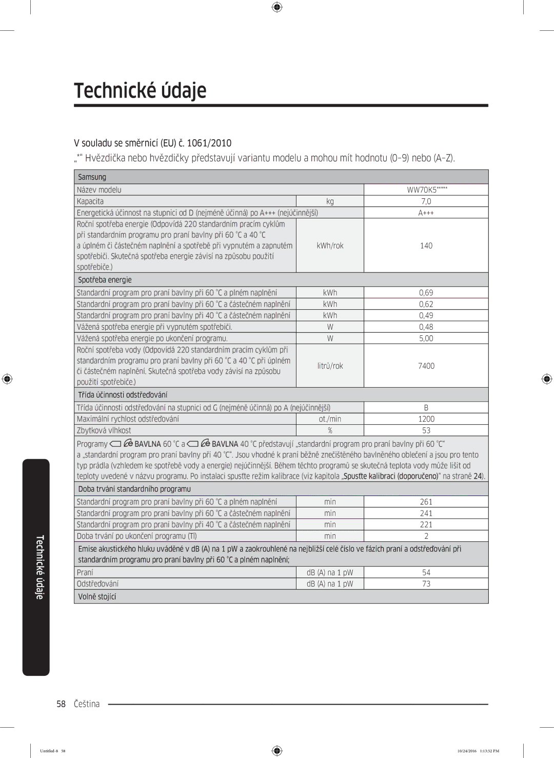 Samsung WW70K52109W/ZE manual 58 Čeština 