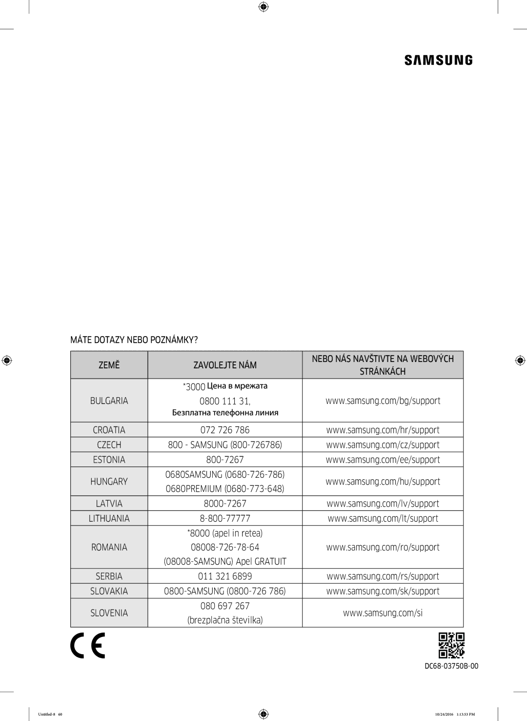 Samsung WW70K52109W/ZE manual Máte Dotazy Nebo POZNÁMKY? Země Zavolejte NÁM 