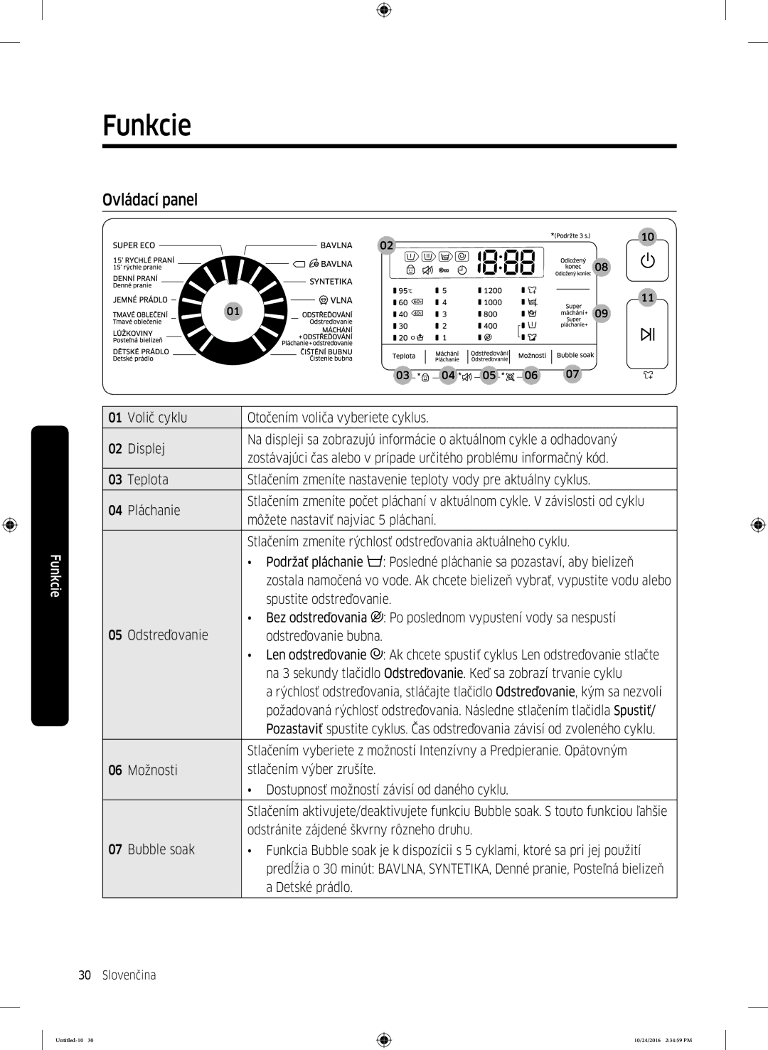 Samsung WW70K52109W/ZE manual Funkcie, Ovládací panel 