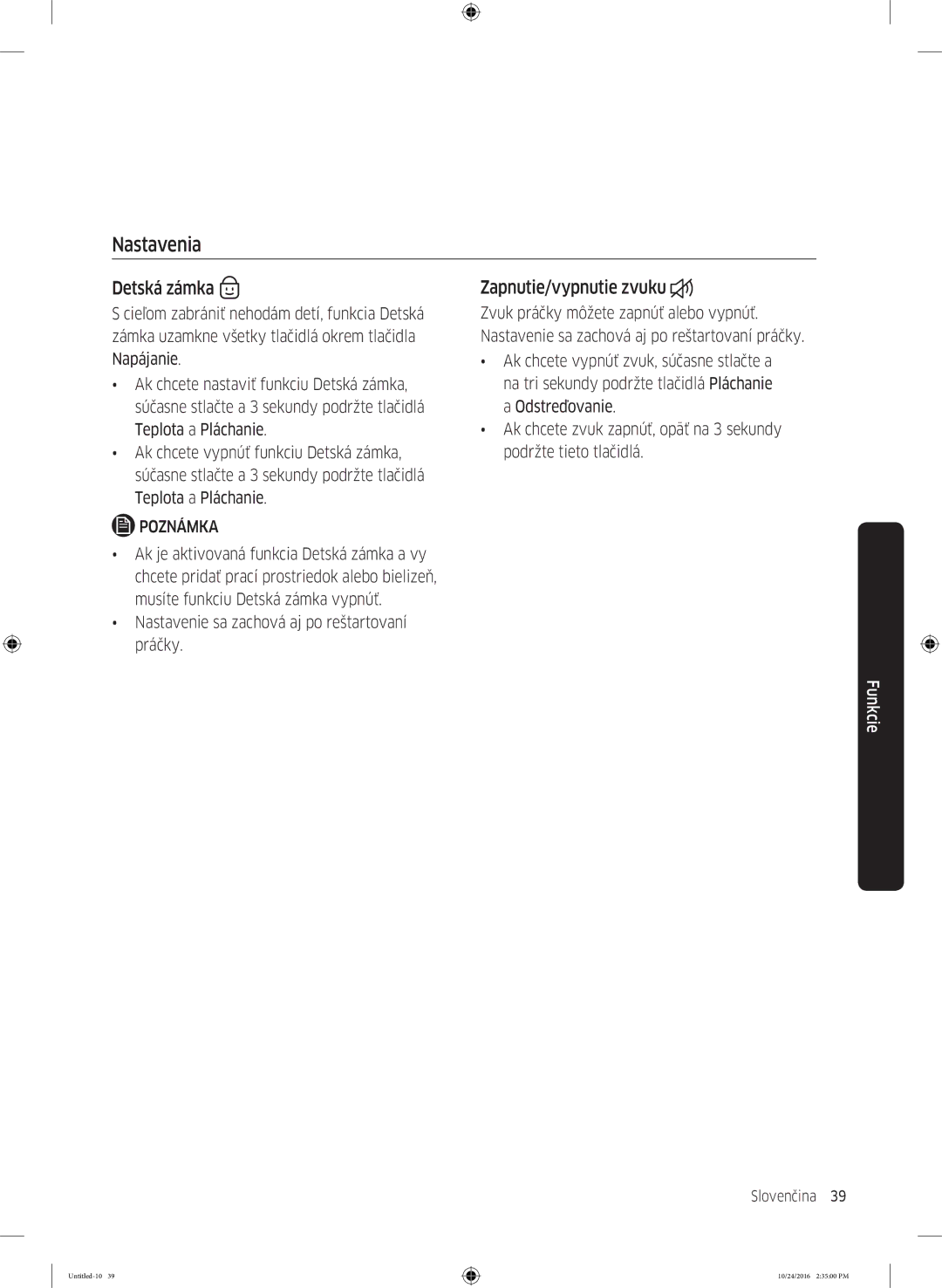 Samsung WW70K52109W/ZE manual Nastavenia, Detská zámka, Zapnutie/vypnutie zvuku 